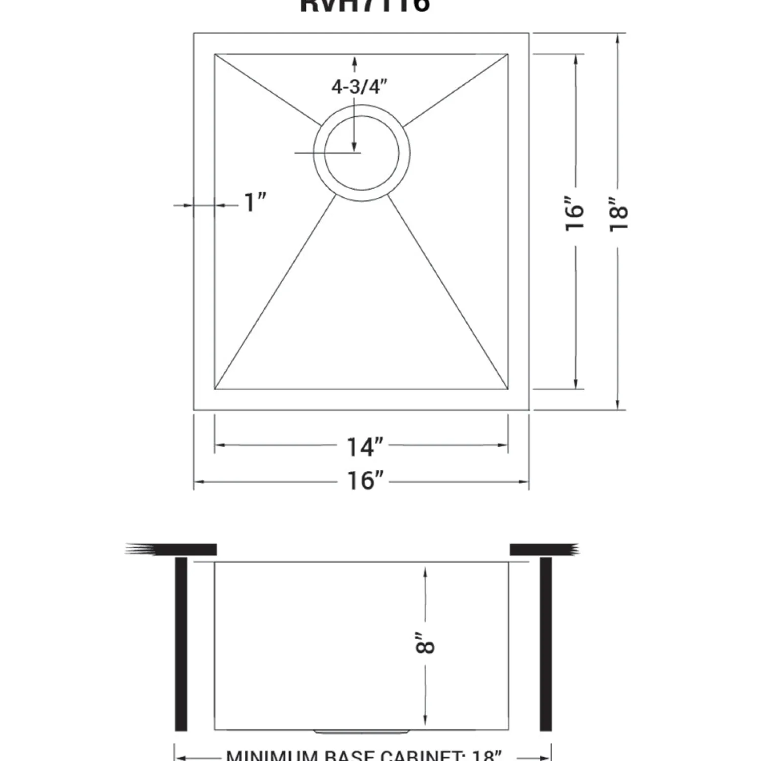 RVH7116 16 x 18" Undermount Bar Prep Tight Radius 16 Gauge Stainless Steel Single Bowl Kitchen Sink Bar / Prep Sinks