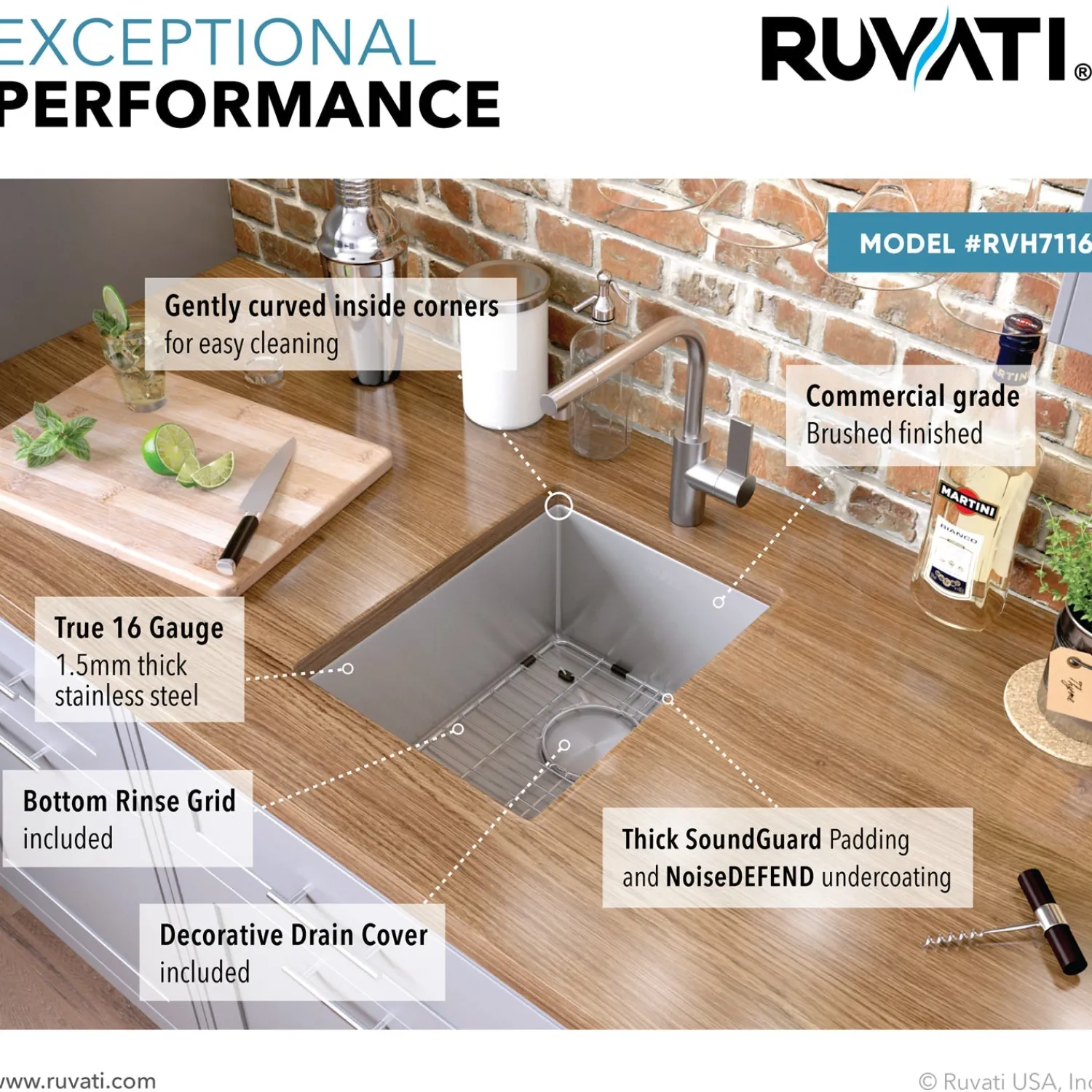 RVH7116 16 x 18" Undermount Bar Prep Tight Radius 16 Gauge Stainless Steel Single Bowl Kitchen Sink Bar / Prep Sinks