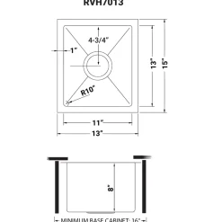 New RVH7013 13 x 15" Undermount Bar Prep Tight Radius 16 Gauge Stainless Steel Single Bowl Kitchen Sink Sinks For Tight Spaces|Bar / Prep Sinks