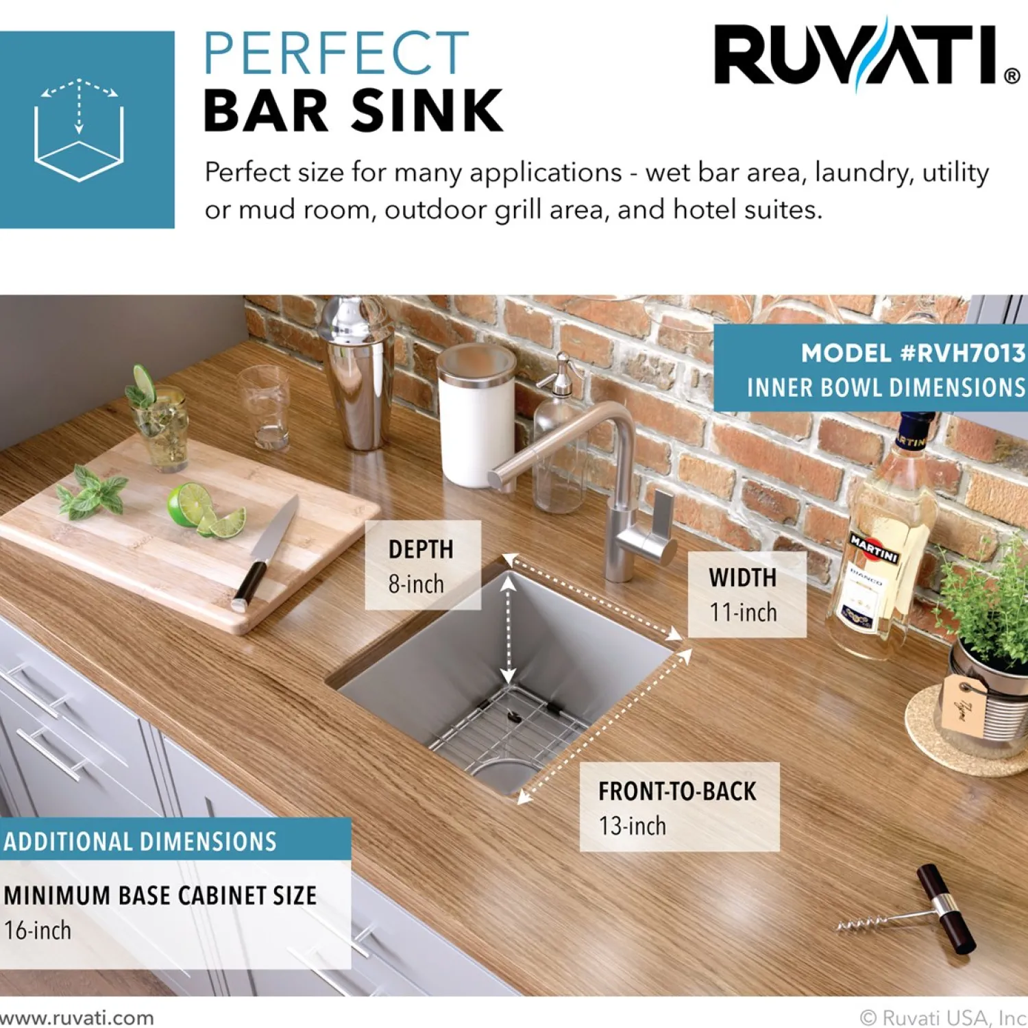New RVH7013 13 x 15" Undermount Bar Prep Tight Radius 16 Gauge Stainless Steel Single Bowl Kitchen Sink Sinks For Tight Spaces|Bar / Prep Sinks