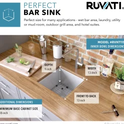 RVH7115 15 x 15" Undermount 16 Gauge Zero Radius Single Bowl Bar Prep Square Kitchen Sink Sinks For Tight Spaces|Bar / Prep Sinks
