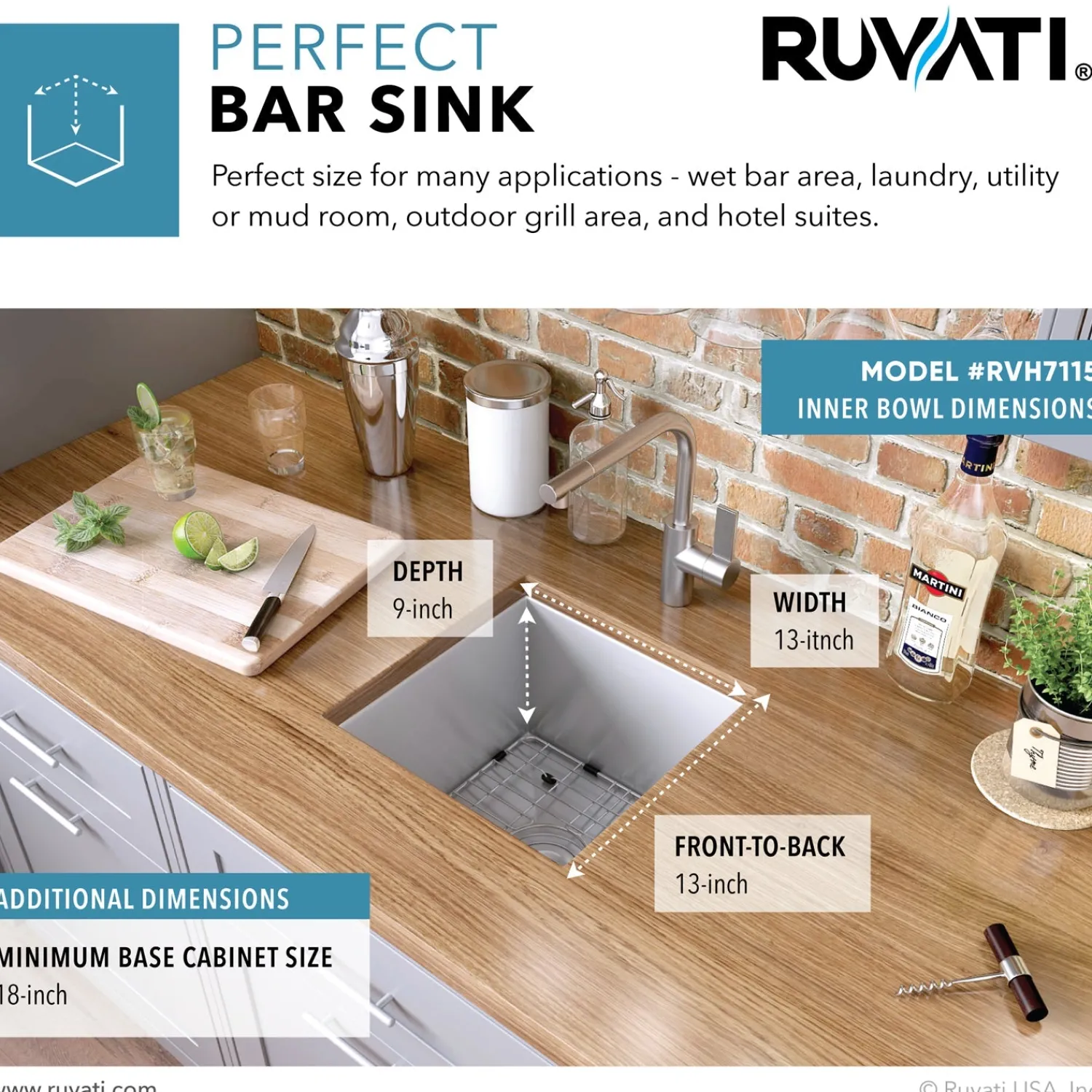 RVH7115 15 x 15" Undermount 16 Gauge Zero Radius Single Bowl Bar Prep Square Kitchen Sink Sinks For Tight Spaces|Bar / Prep Sinks