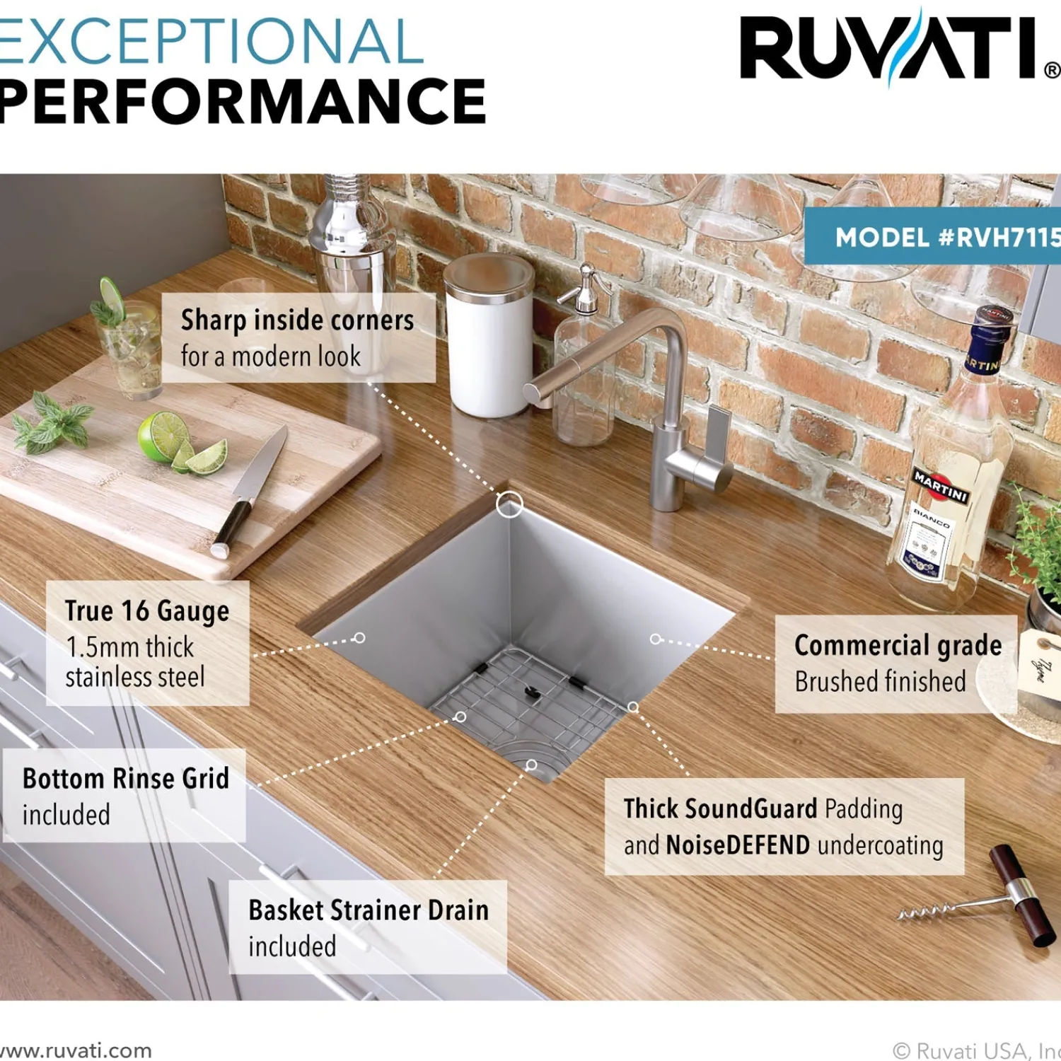 RVH7115 15 x 15" Undermount 16 Gauge Zero Radius Single Bowl Bar Prep Square Kitchen Sink Sinks For Tight Spaces|Bar / Prep Sinks