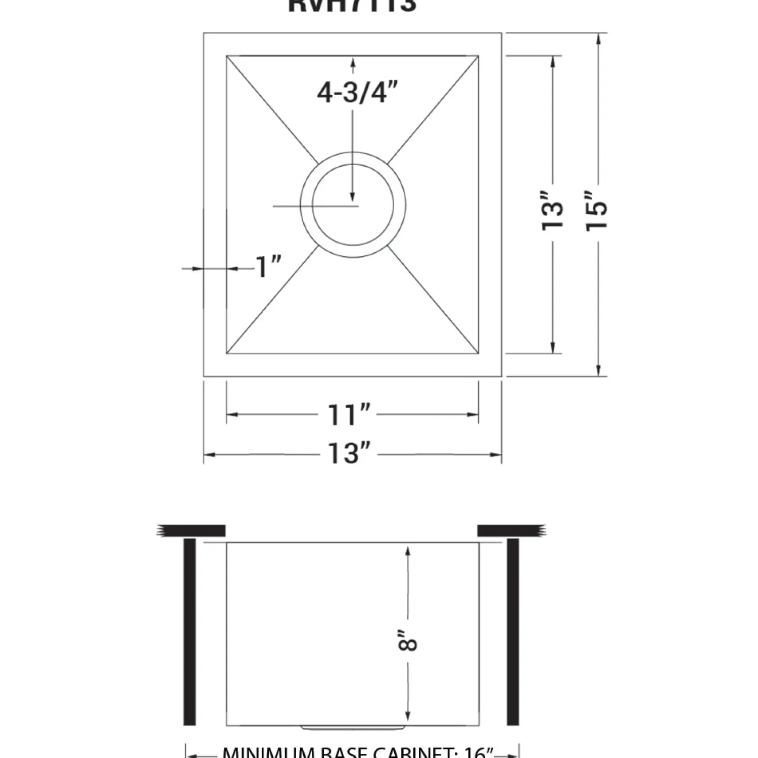 Online RVH7113 13 x 15" Undermount 16 Gauge Zero Radius Stainless Steel Single Bowl Bar Prep Kitchen Sink Sinks For Tight Spaces|Bar / Prep Sinks