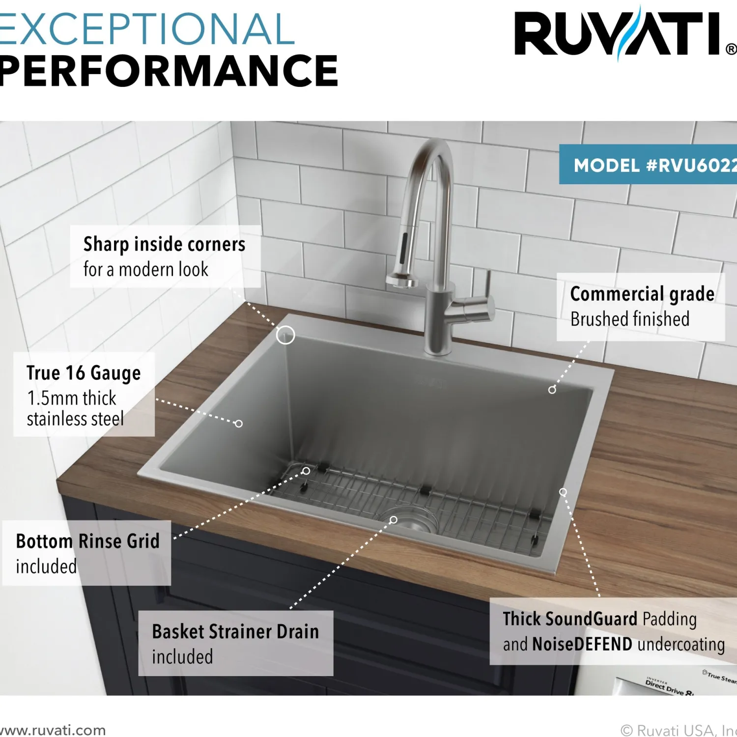 RVU6022 Topmount 22" x 22" x 12" Deep 16 Gauge Stainless Steel Laundry Utility Sink Stainless Steel Sinks|Single Bowl Sinks