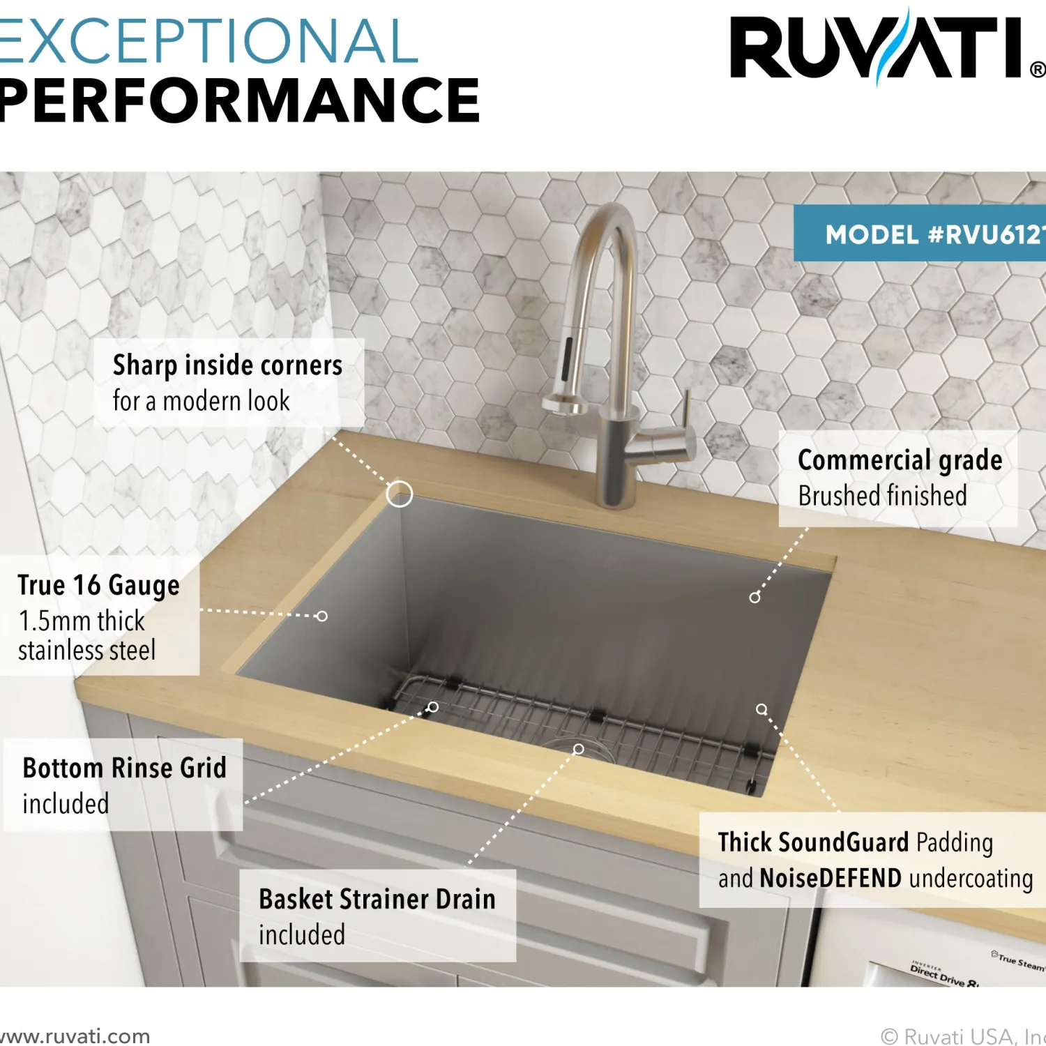 Best RVU6121 21" x 18" x 12" Deep Undermount 16 Gauge Stainless Steel Laundry Utility Sink Stainless Steel Sinks|Single Bowl Sinks