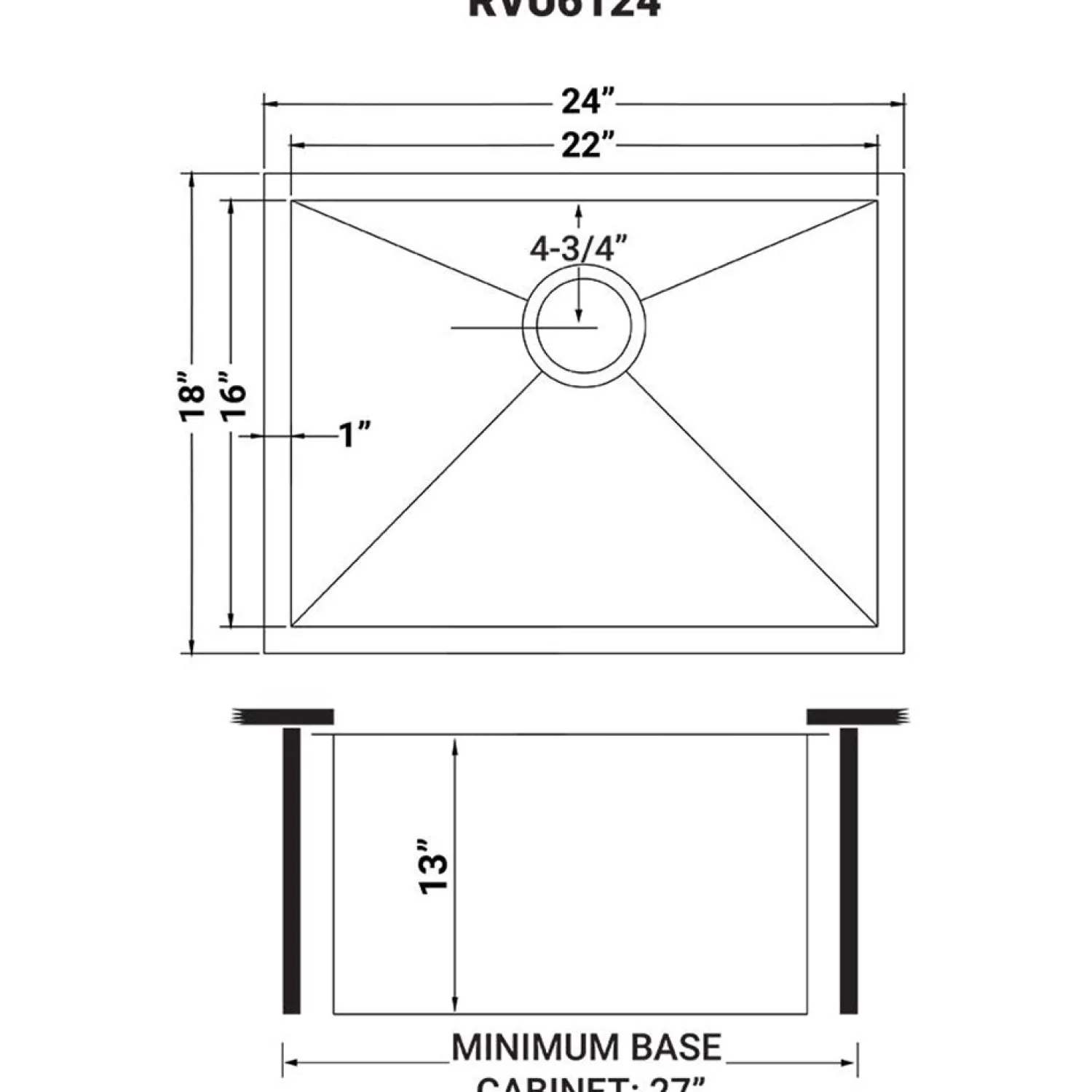 Best RVU6124 24" x 18" x 13" Deep Undermount 16 Gauge Stainless Steel Laundry Utility Sink Stainless Steel Sinks|Single Bowl Sinks