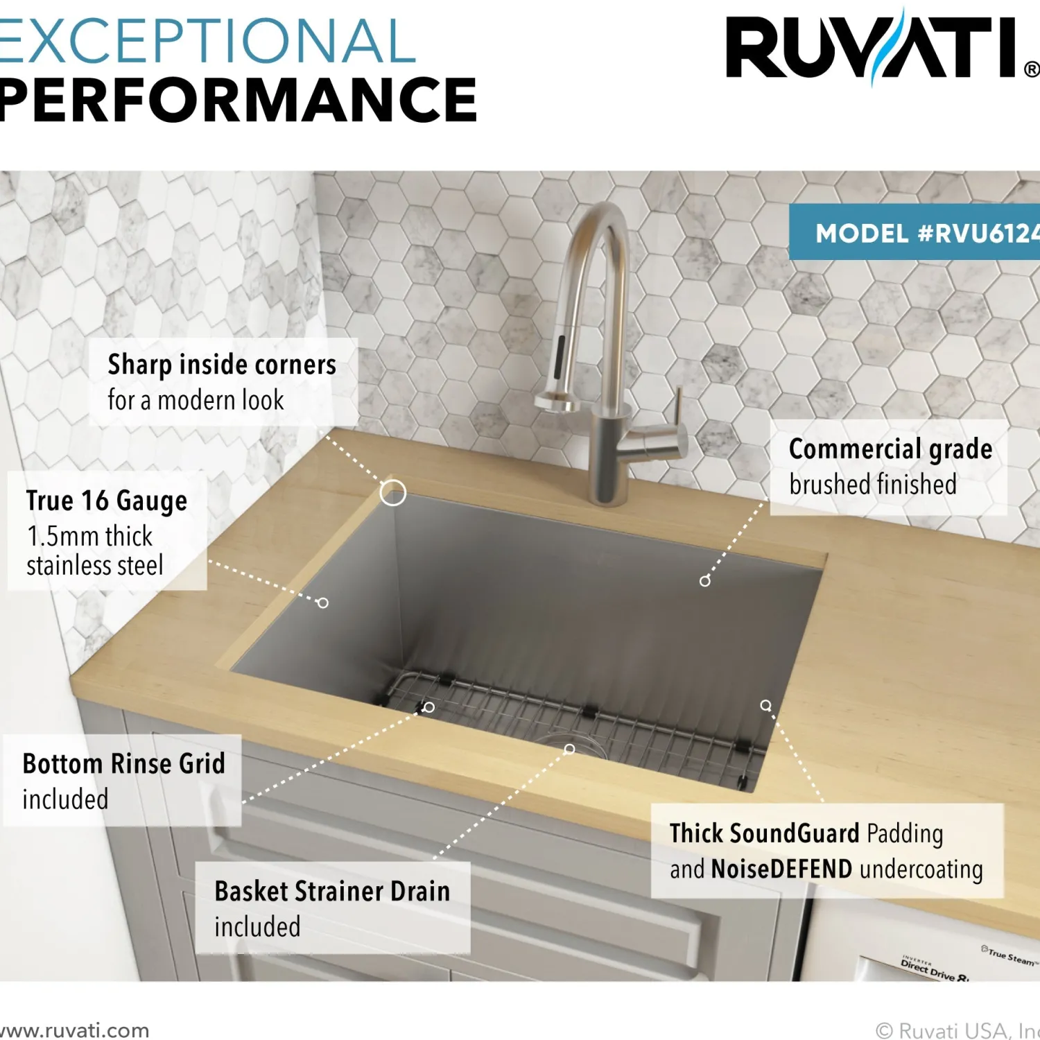 Best RVU6124 24" x 18" x 13" Deep Undermount 16 Gauge Stainless Steel Laundry Utility Sink Stainless Steel Sinks|Single Bowl Sinks