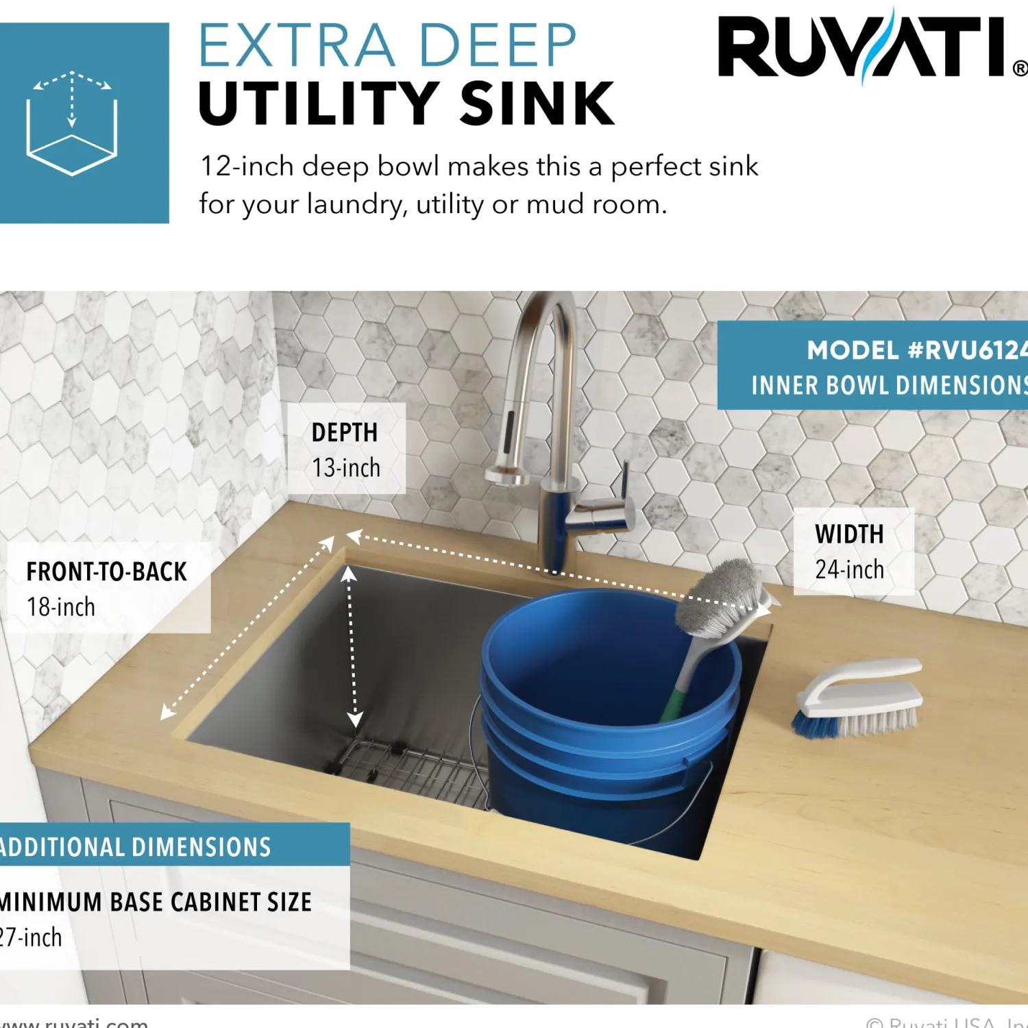 Best RVU6124 24" x 18" x 13" Deep Undermount 16 Gauge Stainless Steel Laundry Utility Sink Stainless Steel Sinks|Single Bowl Sinks