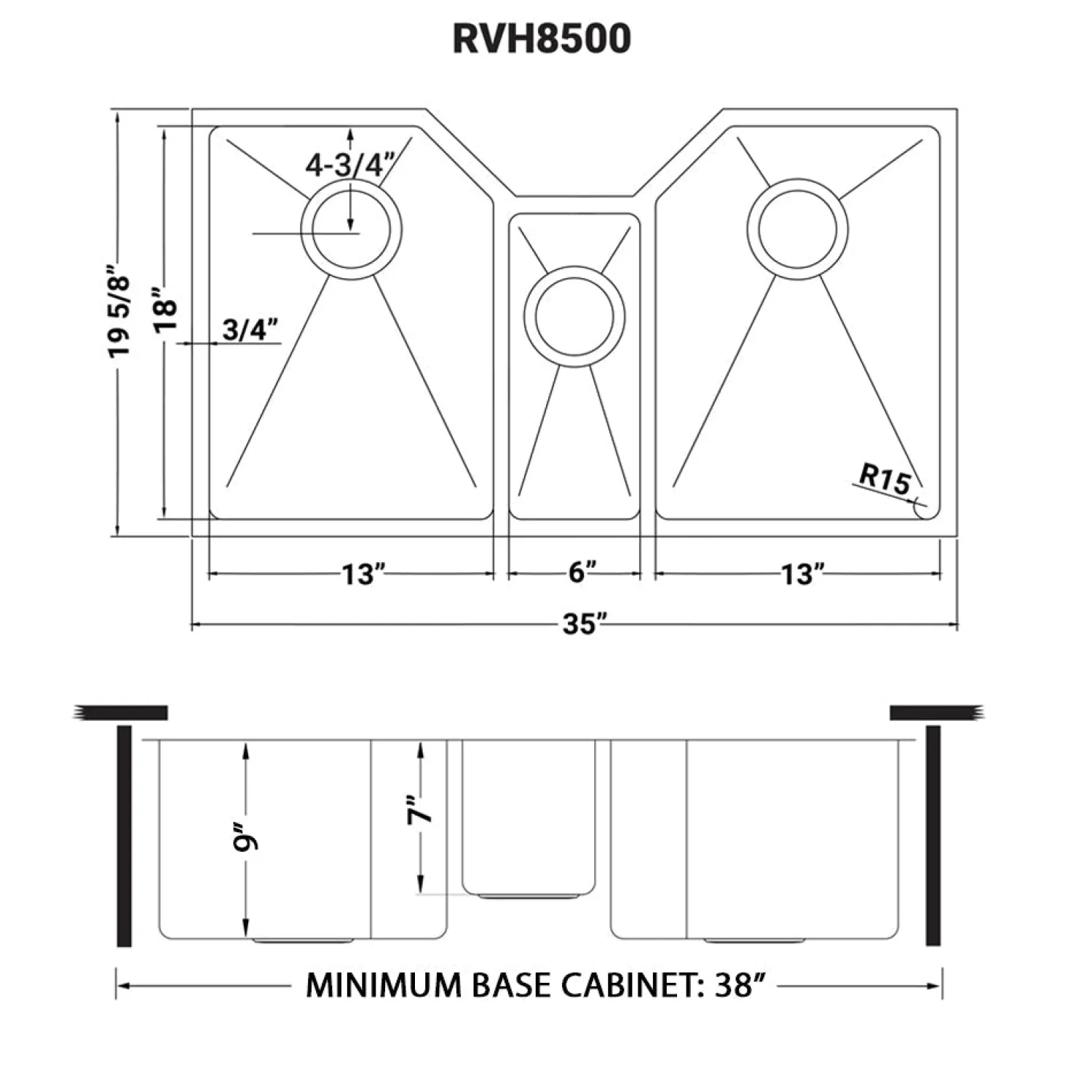 Clearance 35" Triple Bowl Undermount 16 Gauge Stainless Steel Kitchen Sink Stainless Steel Sinks|Undermount Sinks