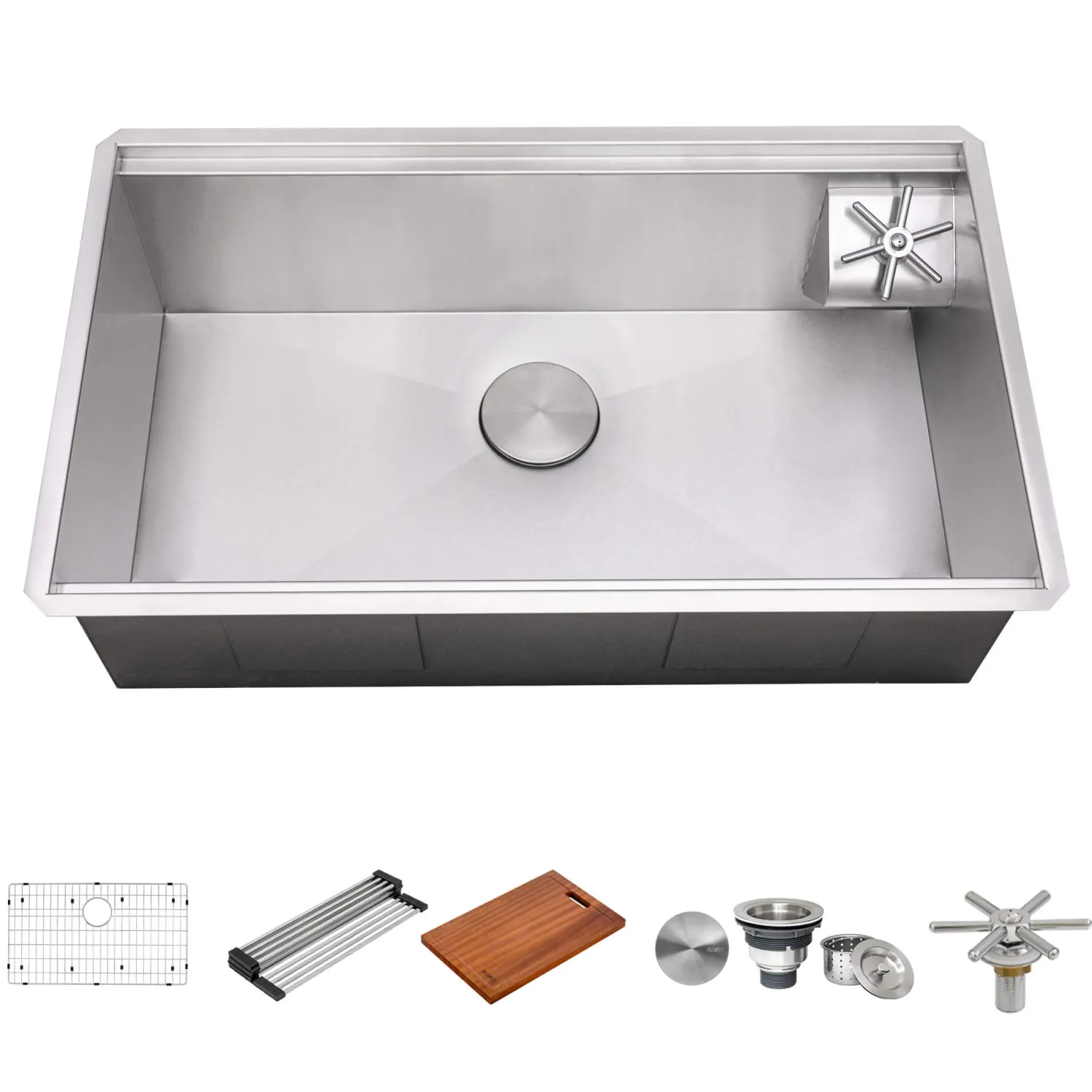 Outlet 32" Undermount Workstation Kitchen Sink with Glass Rinser Workstation Sinks|Stainless Steel Sinks