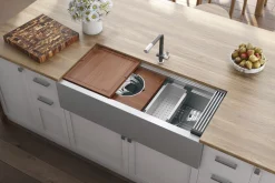 Online 45" Workstation Two Tiered Kitchen Sink Apron Front 16 Gauge Stainless Steel Single Bowl Sinks|Stainless Steel Sinks