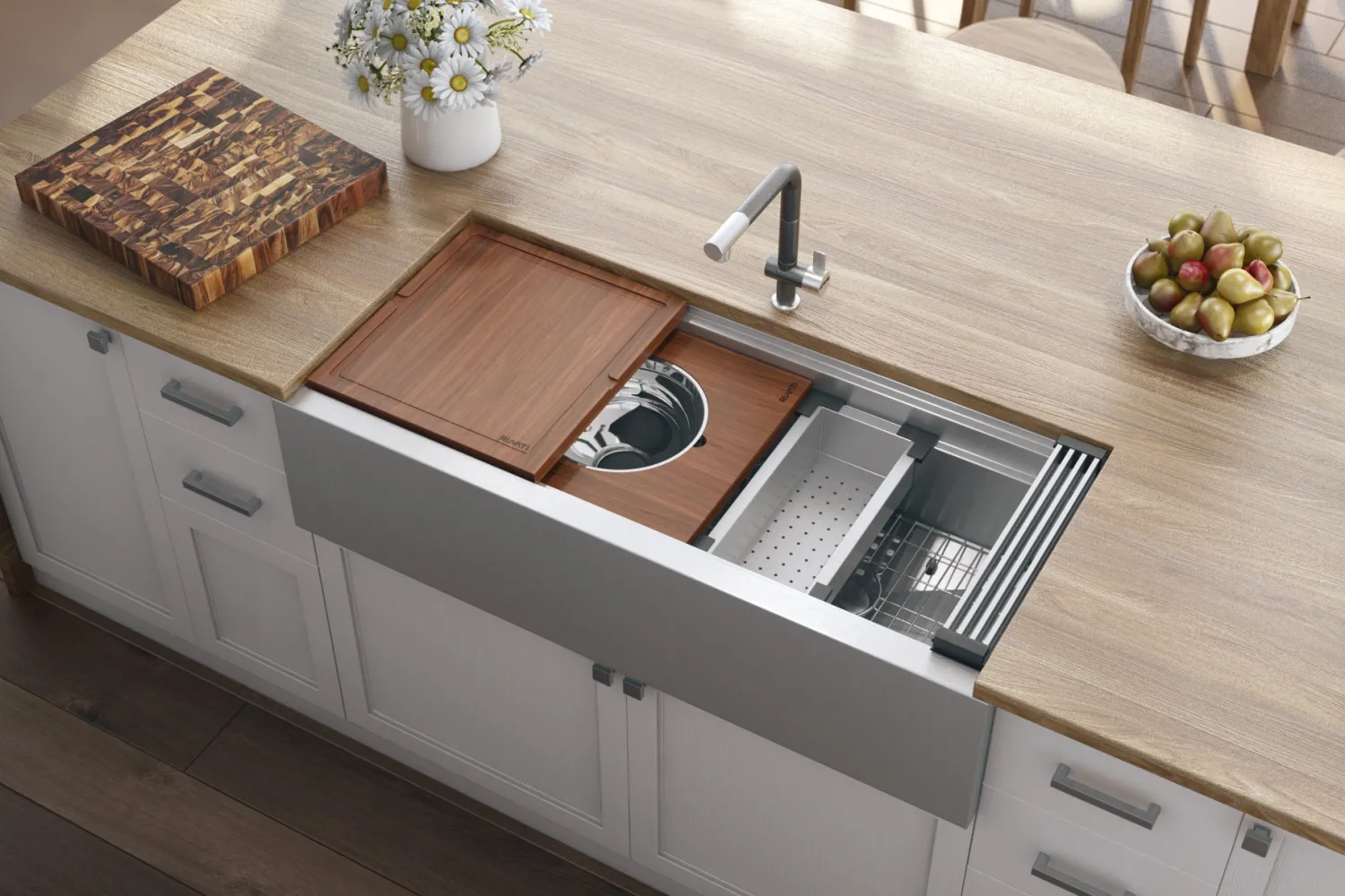 Online 45" Workstation Two Tiered Kitchen Sink Apron Front 16 Gauge Stainless Steel Single Bowl Sinks|Stainless Steel Sinks