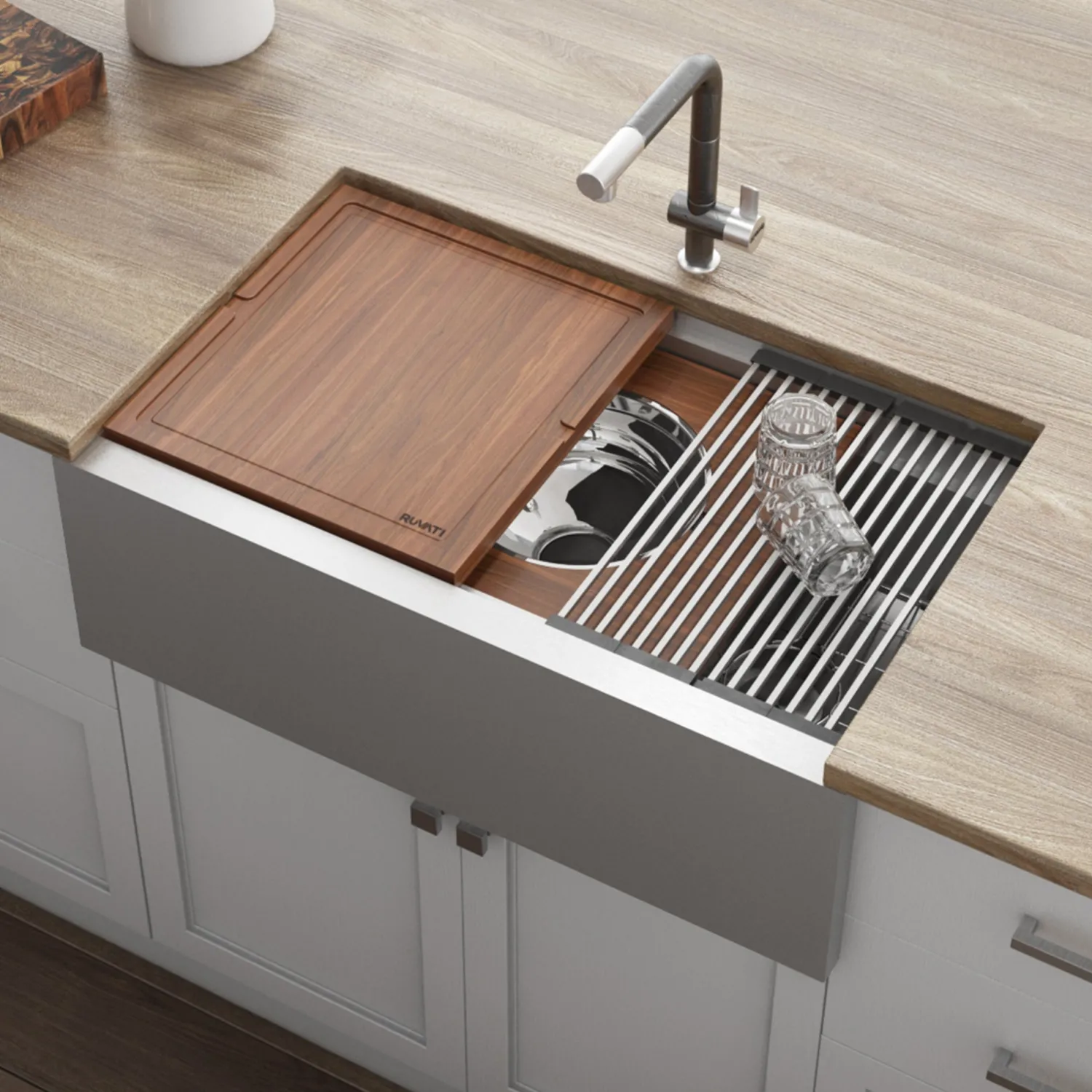 Online 33" Workstation Two Tiered Kitchen Sink Apron Front 16 Gauge Stainless Steel Stainless Steel Sinks|Single Bowl Sinks