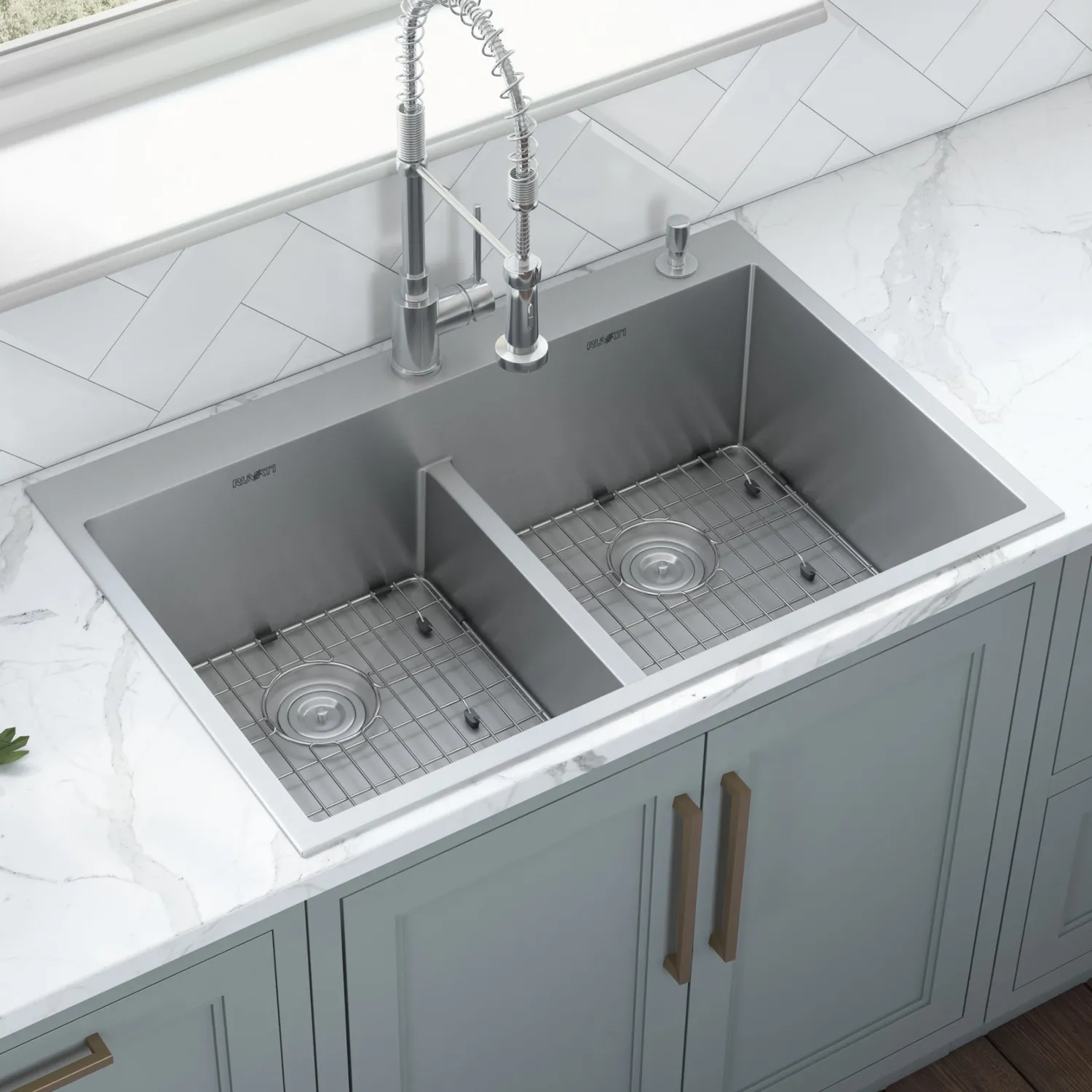 New 33 x 22" Drop-in 50/50 Double Bowl Tight Radius 16 Gauge Topmount Stainless Steel Kitchen Sink Drop-In / Top Mount Sinks|Stainless Steel Sinks