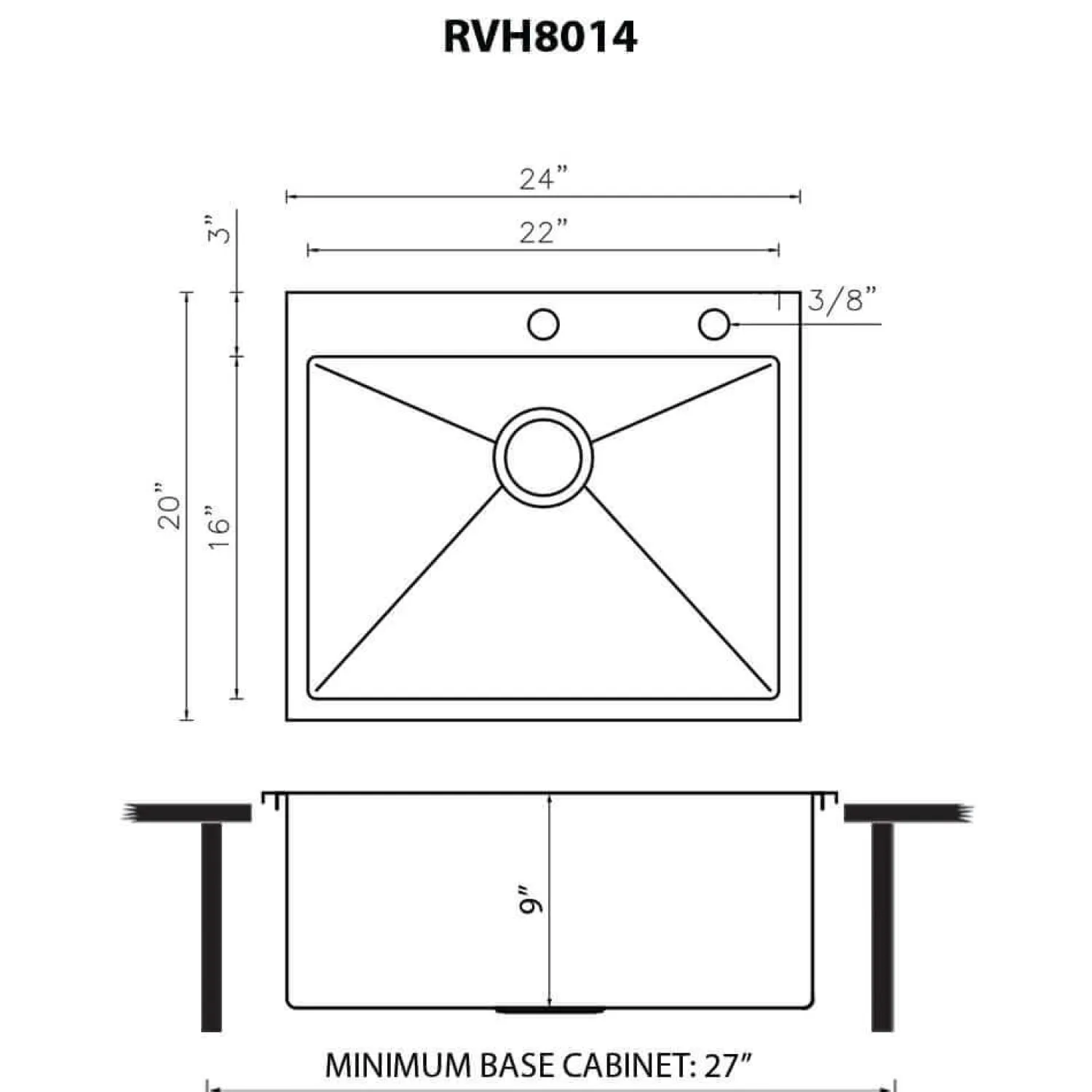 Hot 24" x 20" Drop-in 16 Gauge Stainless Steel Rounded Corners Topmount Kitchen Sink Single Bowl - RVH8014 Drop-In / Top Mount Sinks|Stainless Steel Sinks