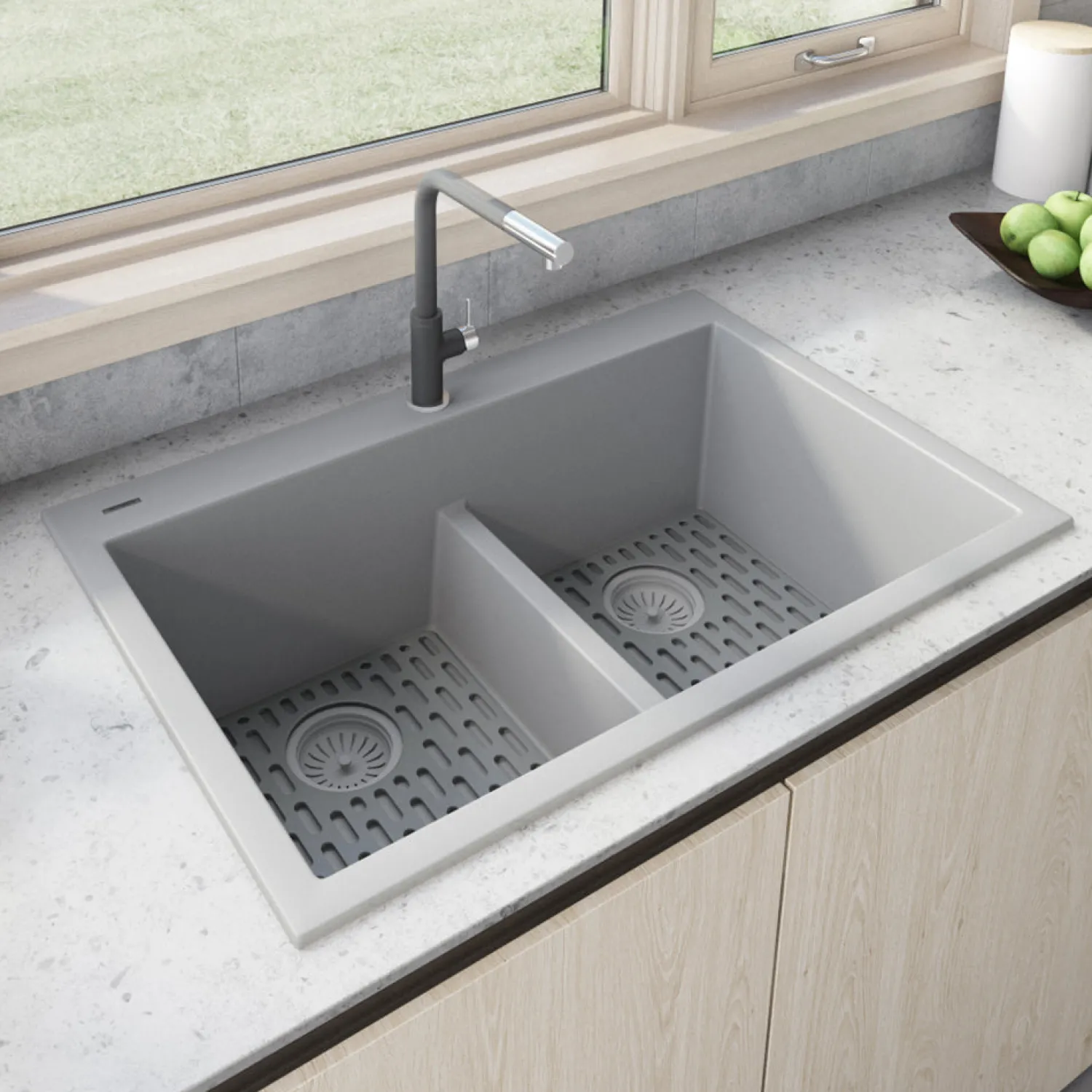 33 x 22" epiGranite Drop-in Topmount Granite Composite Double Bowl Low Divide Kitchen Sink Drop-In / Top Mount Sinks|Double Bowl Sinks