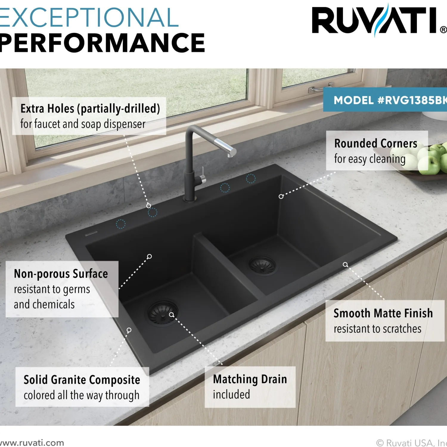 33 x 22" epiGranite Drop-in Topmount Granite Composite Double Bowl Low Divide Kitchen Sink Drop-In / Top Mount Sinks|Double Bowl Sinks