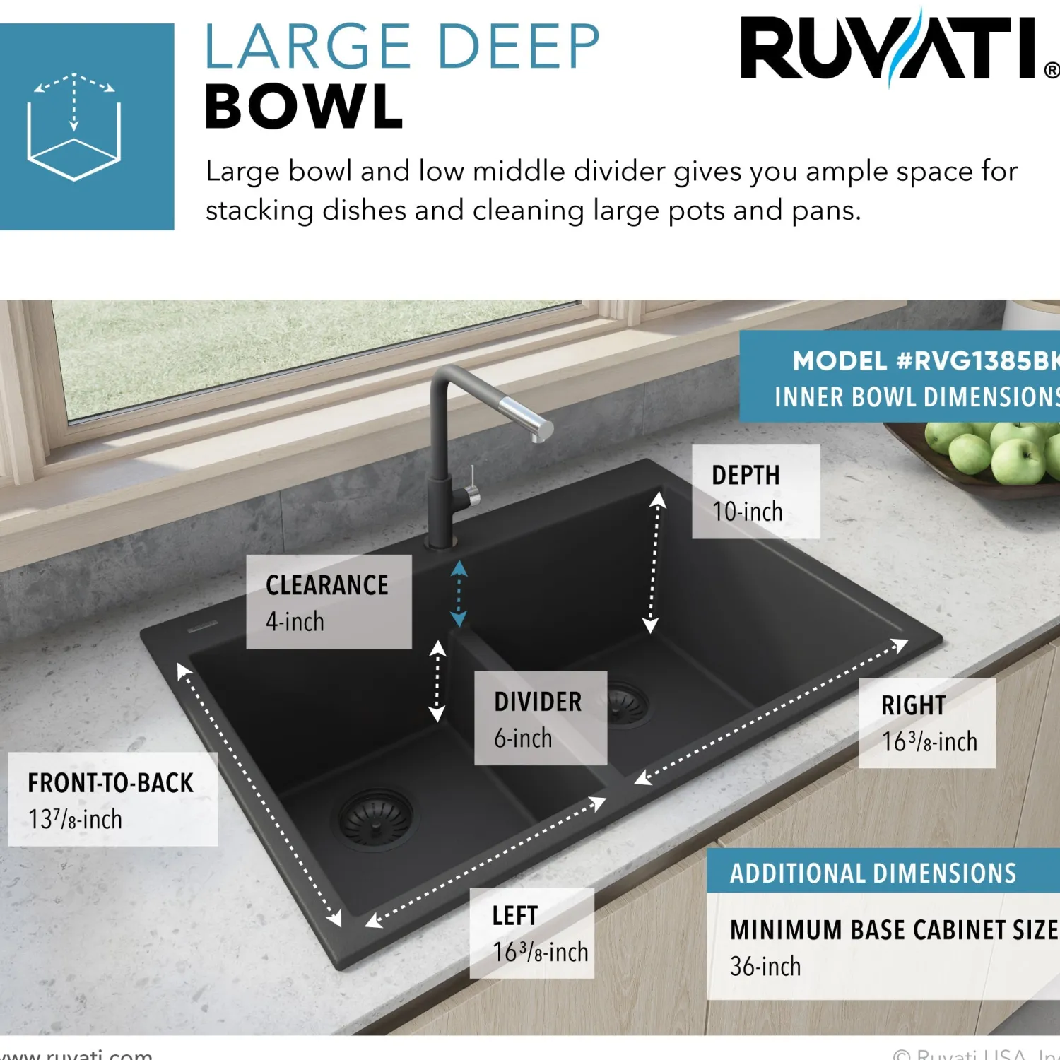 33 x 22" epiGranite Drop-in Topmount Granite Composite Double Bowl Low Divide Kitchen Sink Drop-In / Top Mount Sinks|Double Bowl Sinks