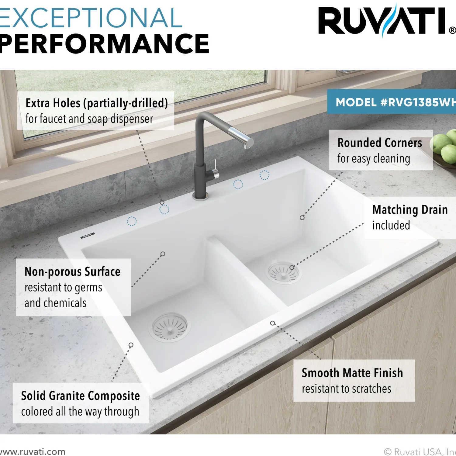 33 x 22" epiGranite Drop-in Topmount Granite Composite Double Bowl Low Divide Kitchen Sink Drop-In / Top Mount Sinks|Double Bowl Sinks