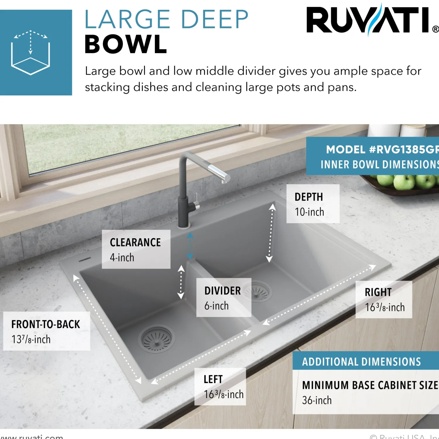 33 x 22" epiGranite Drop-in Topmount Granite Composite Double Bowl Low Divide Kitchen Sink Drop-In / Top Mount Sinks|Double Bowl Sinks