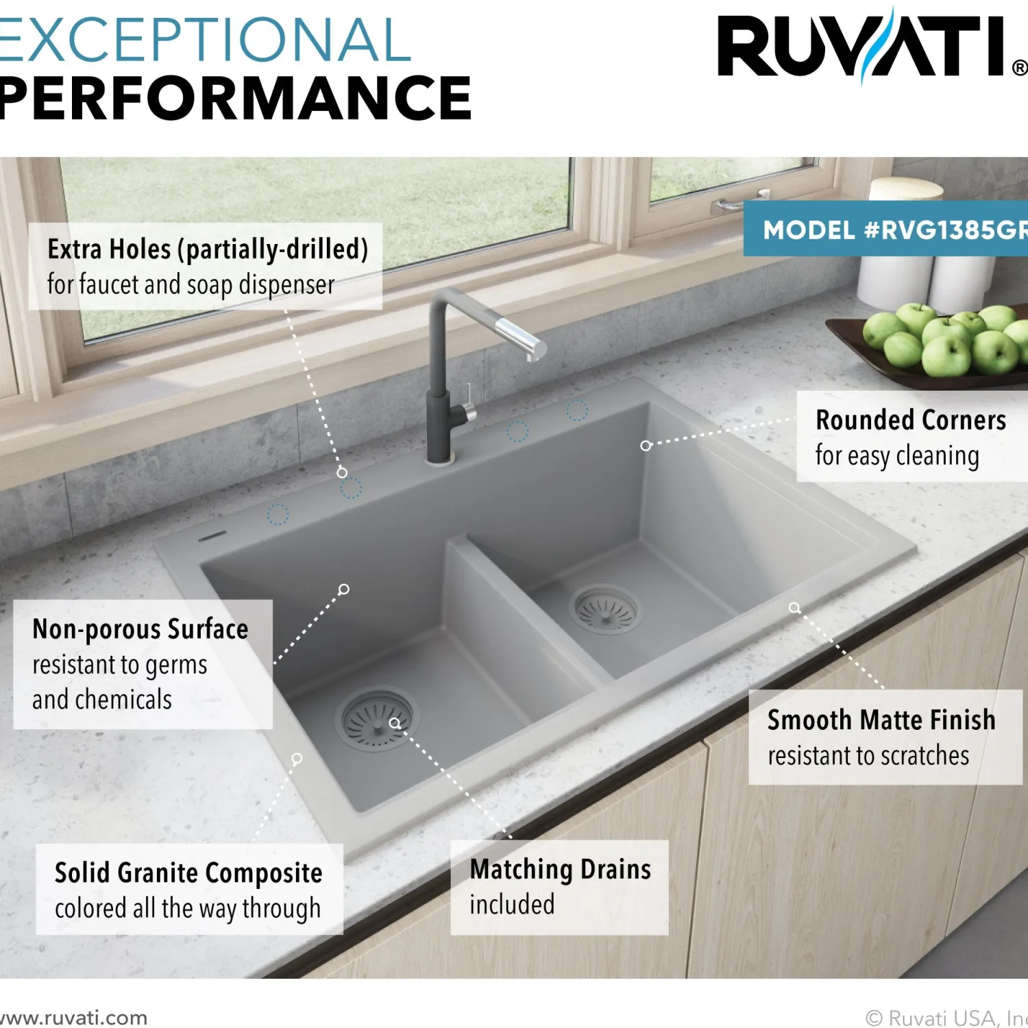 33 x 22" epiGranite Drop-in Topmount Granite Composite Double Bowl Low Divide Kitchen Sink Drop-In / Top Mount Sinks|Double Bowl Sinks
