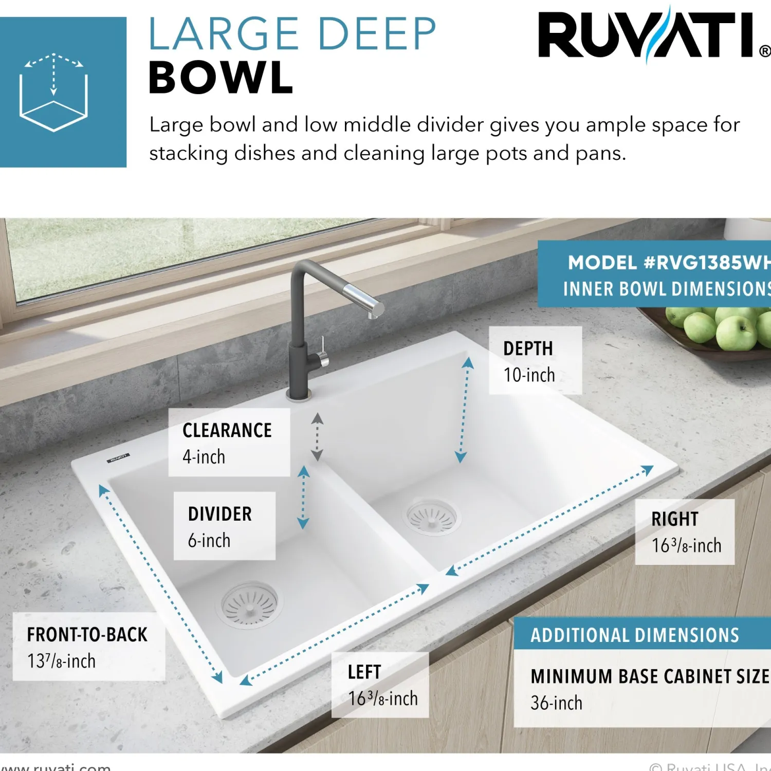 33 x 22" epiGranite Drop-in Topmount Granite Composite Double Bowl Low Divide Kitchen Sink Drop-In / Top Mount Sinks|Double Bowl Sinks