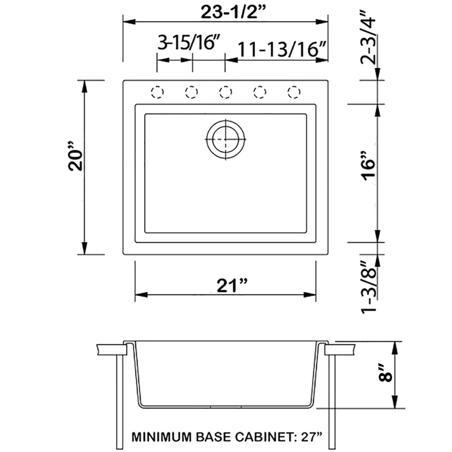 Outlet 23 x 20" epiGranite Dual-Mount Granite Composite Single Bowl Kitchen Sink Drop-In / Top Mount Sinks|Sinks For Tight Spaces