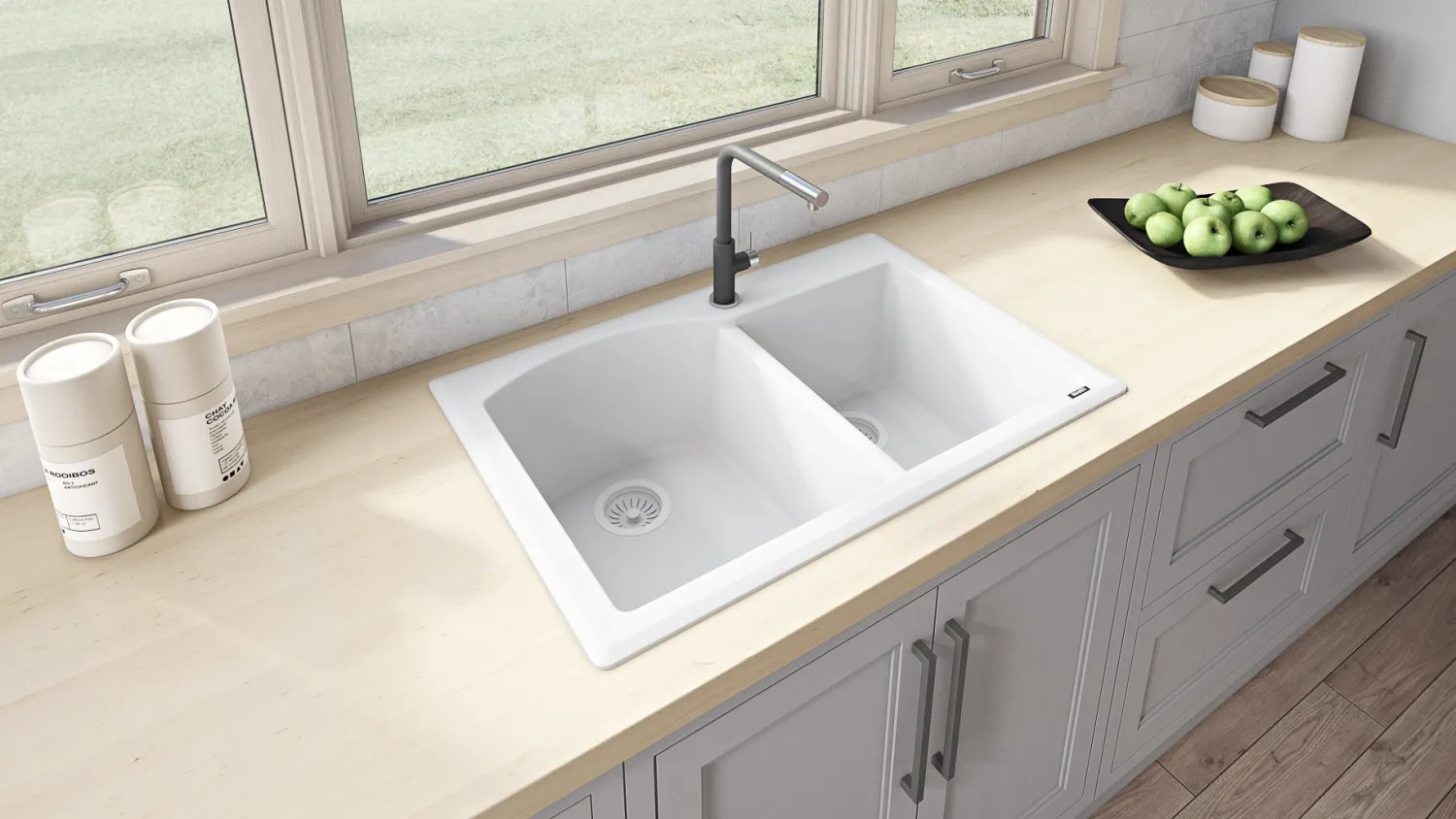 Hot 33 x 22" epiGranite Dual-Mount Double Bowl Granite Composite Kitchen Sink Drop-In / Top Mount Sinks|Double Bowl Sinks