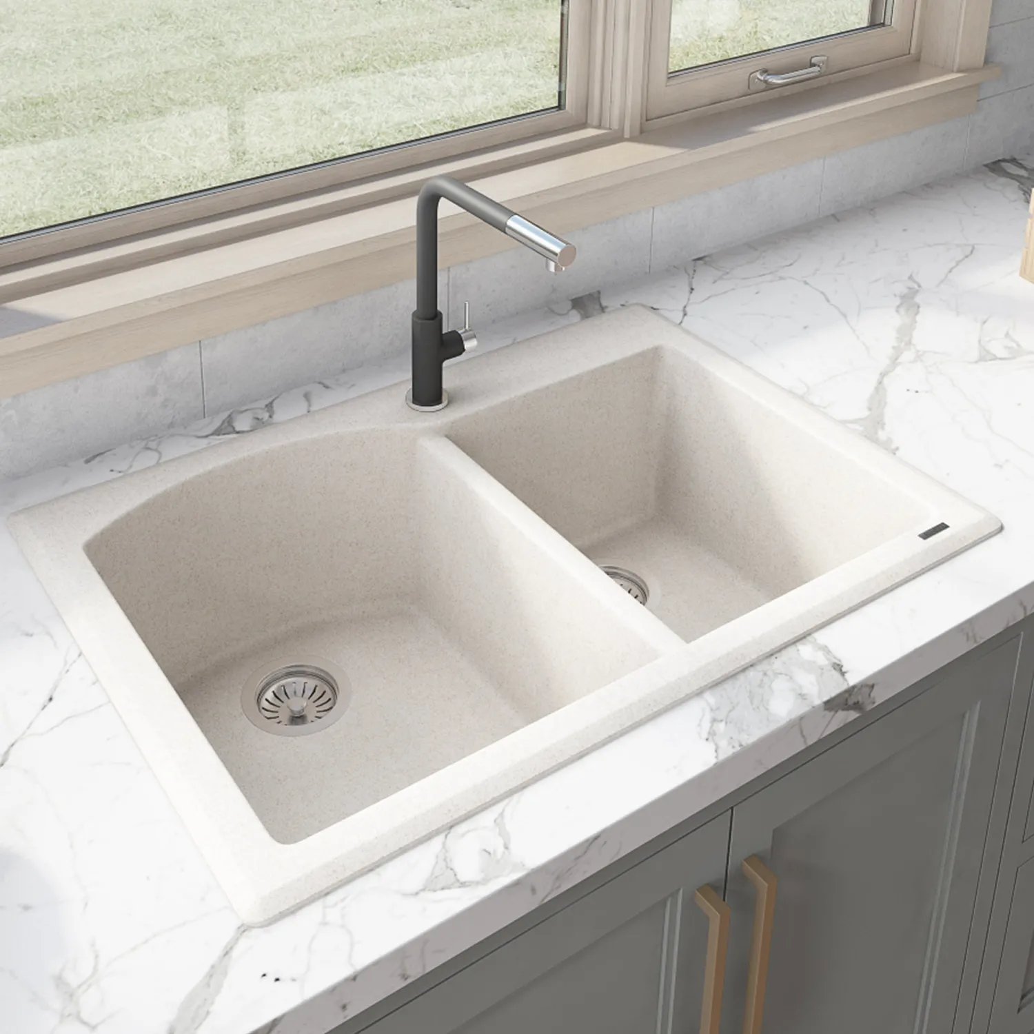 Hot 33 x 22" epiGranite Dual-Mount Double Bowl Granite Composite Kitchen Sink Drop-In / Top Mount Sinks|Double Bowl Sinks