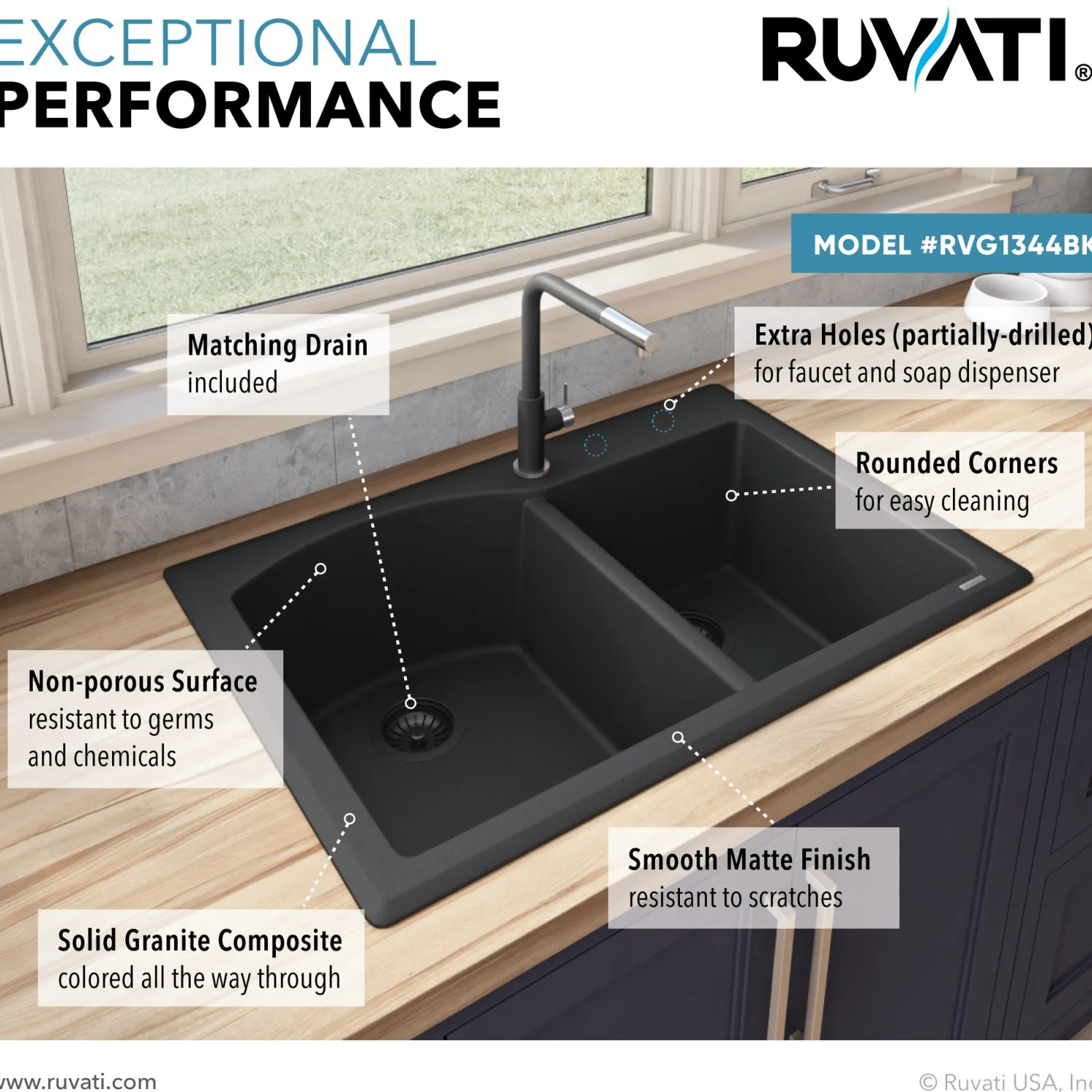 Hot 33 x 22" epiGranite Dual-Mount Double Bowl Granite Composite Kitchen Sink Drop-In / Top Mount Sinks|Double Bowl Sinks