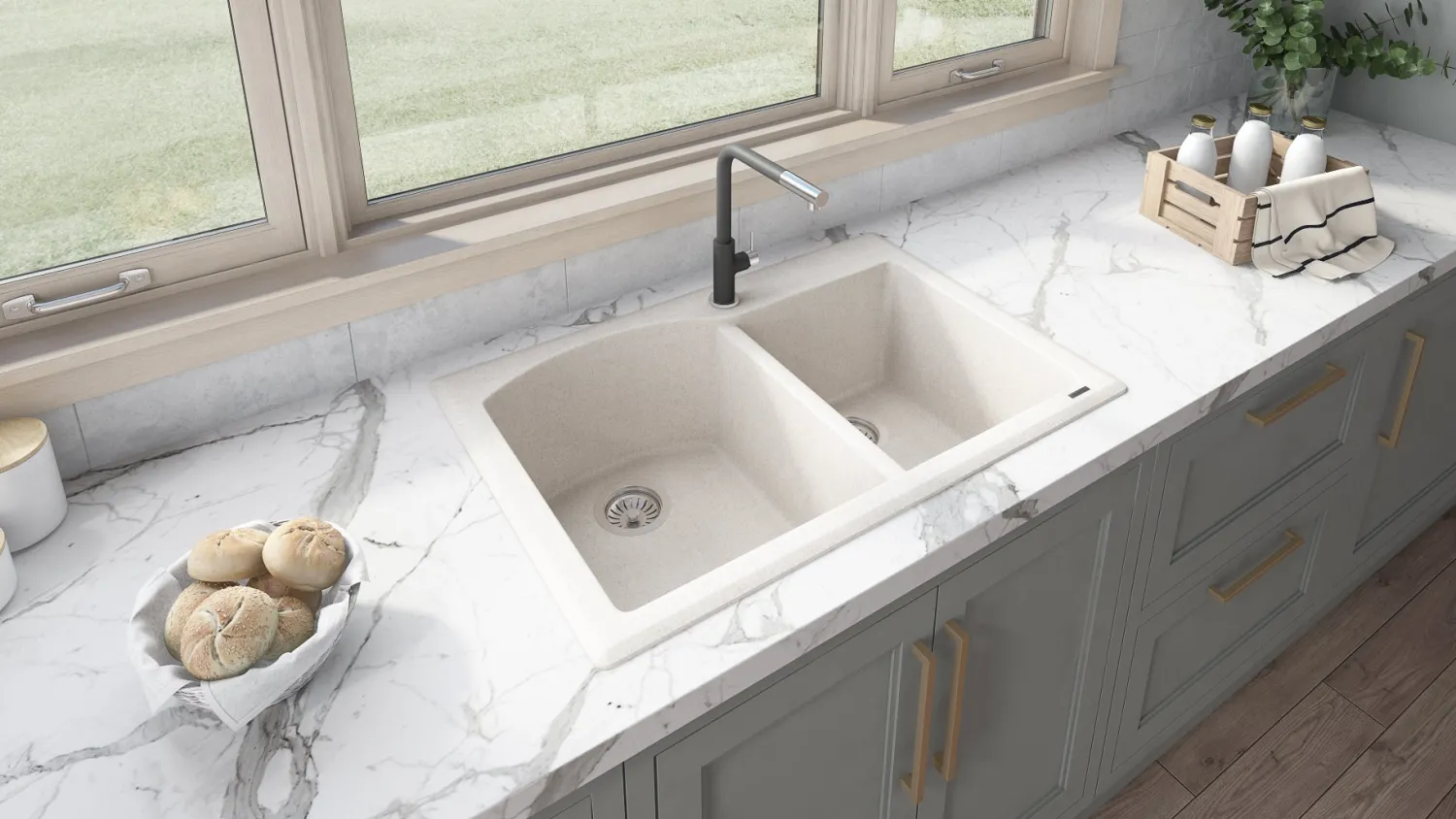 Hot 33 x 22" epiGranite Dual-Mount Double Bowl Granite Composite Kitchen Sink Drop-In / Top Mount Sinks|Double Bowl Sinks