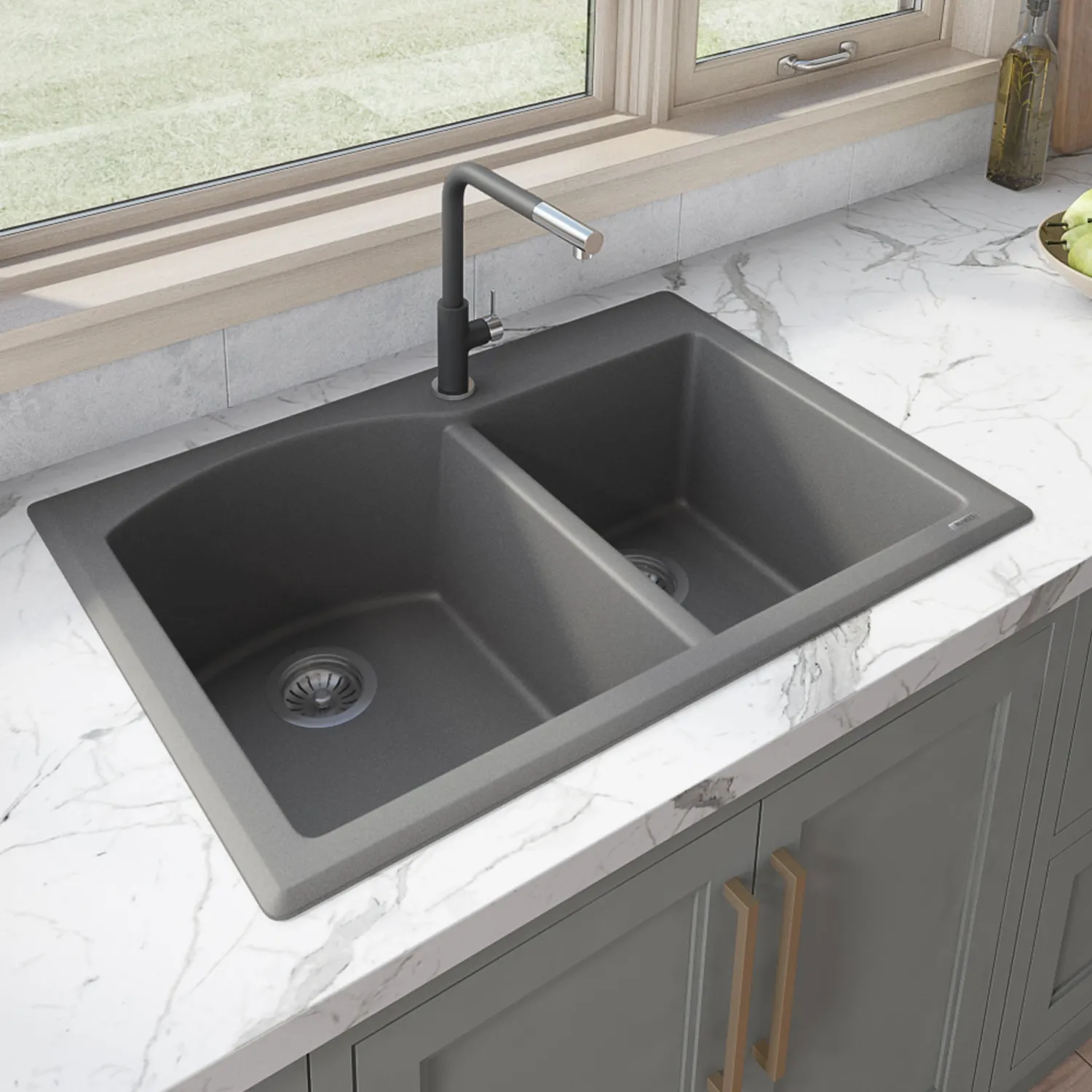 Hot 33 x 22" epiGranite Dual-Mount Double Bowl Granite Composite Kitchen Sink Drop-In / Top Mount Sinks|Double Bowl Sinks