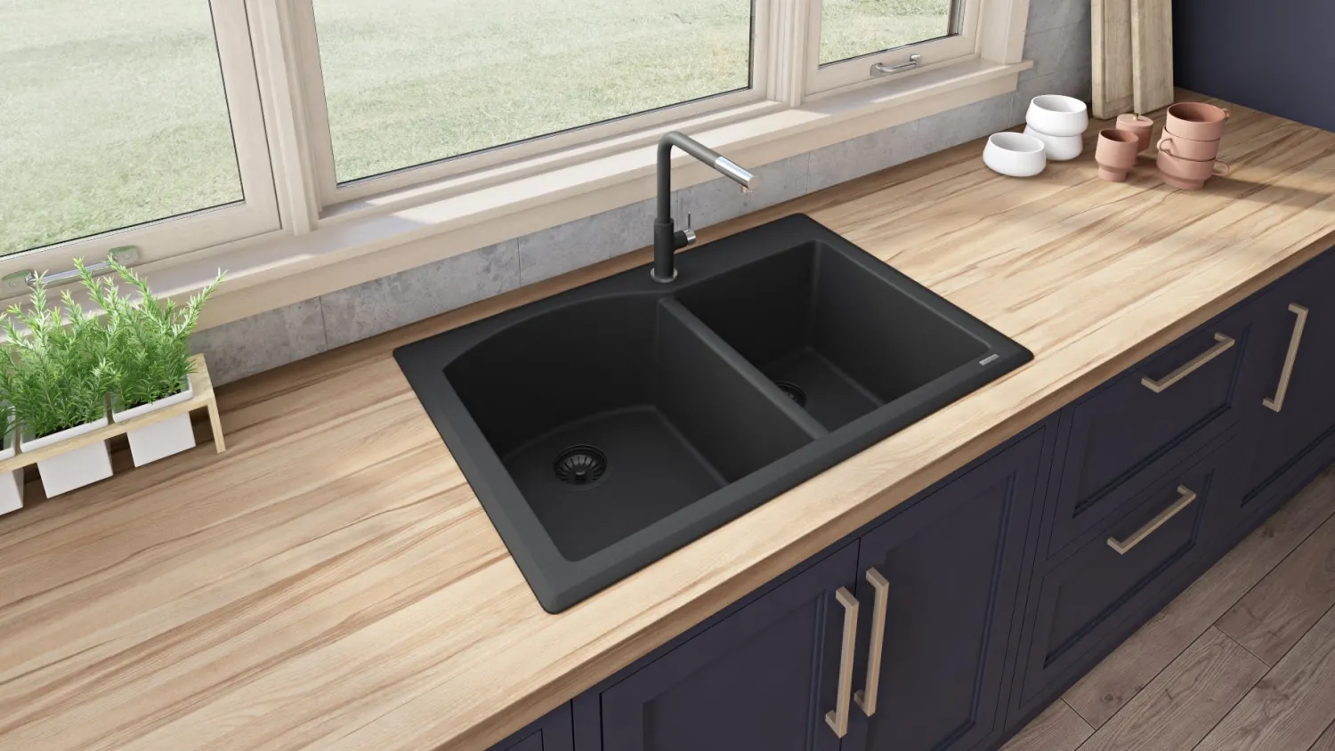 Hot 33 x 22" epiGranite Dual-Mount Double Bowl Granite Composite Kitchen Sink Drop-In / Top Mount Sinks|Double Bowl Sinks