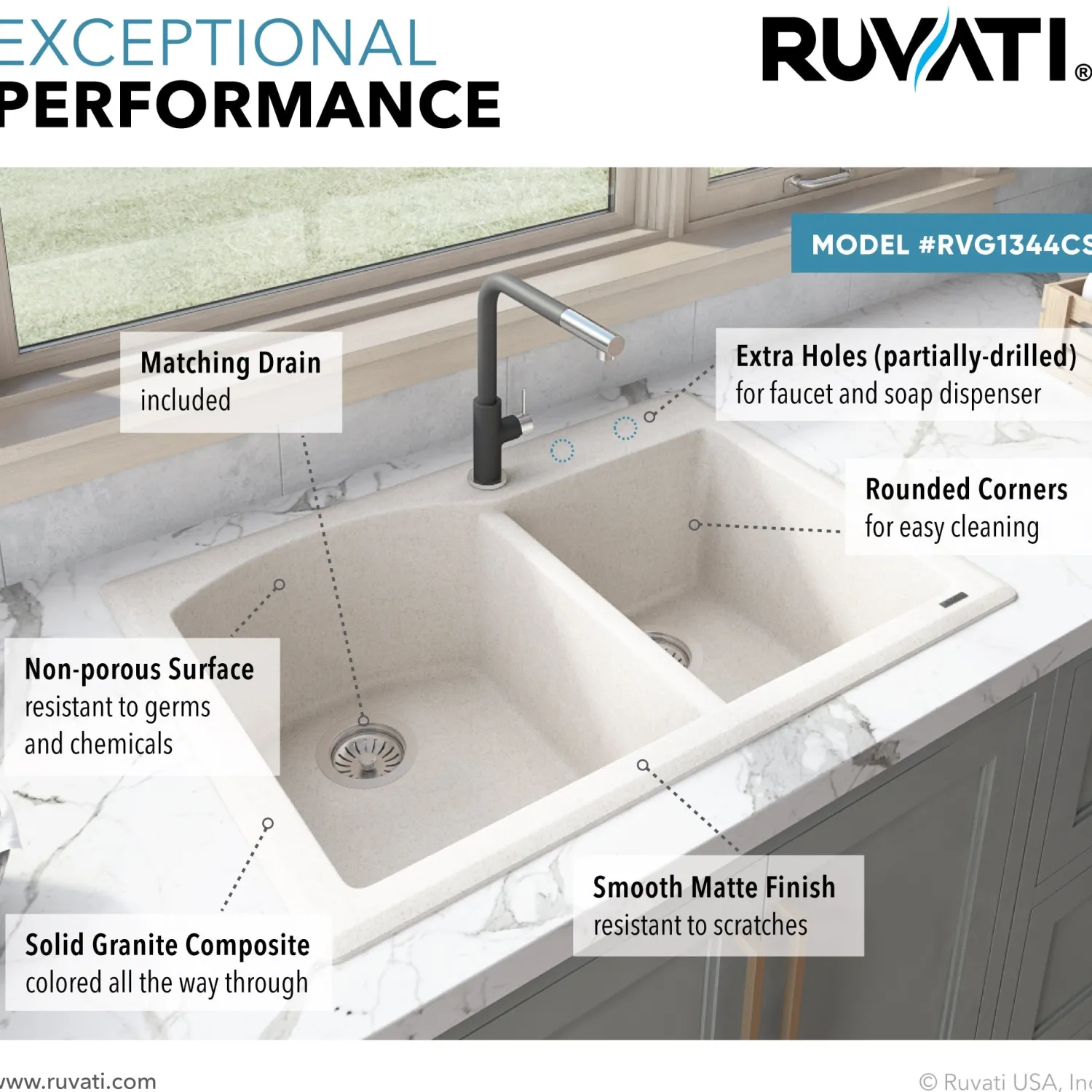 Hot 33 x 22" epiGranite Dual-Mount Double Bowl Granite Composite Kitchen Sink Drop-In / Top Mount Sinks|Double Bowl Sinks