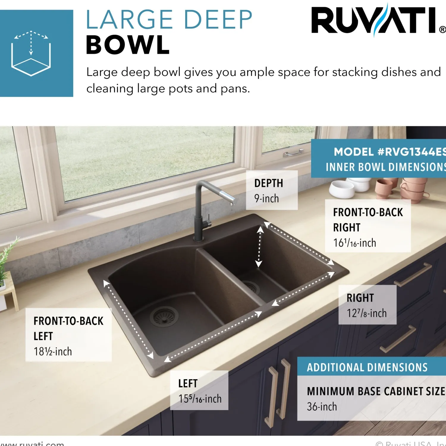 Hot 33 x 22" epiGranite Dual-Mount Double Bowl Granite Composite Kitchen Sink Drop-In / Top Mount Sinks|Double Bowl Sinks