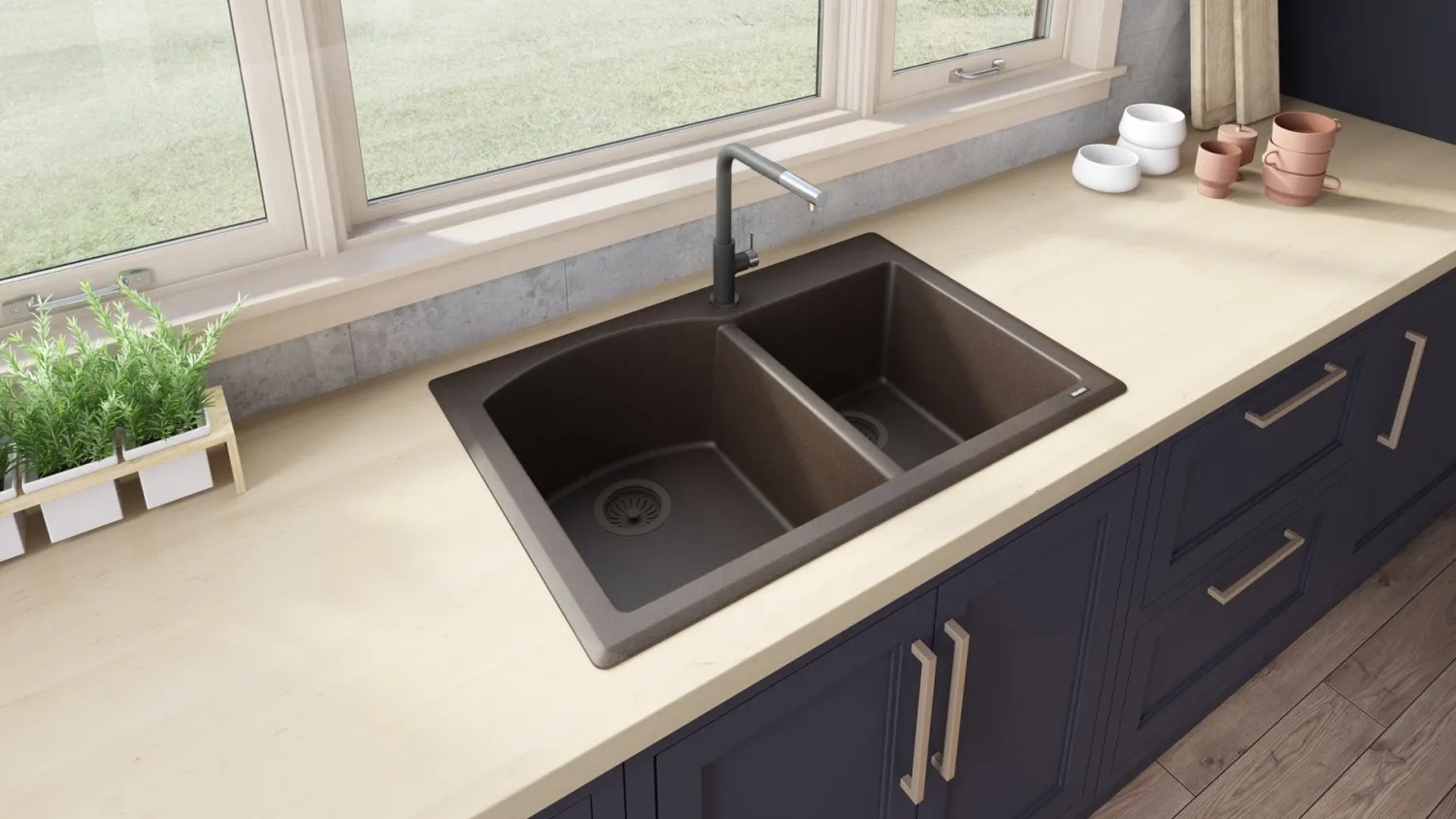 Hot 33 x 22" epiGranite Dual-Mount Double Bowl Granite Composite Kitchen Sink Drop-In / Top Mount Sinks|Double Bowl Sinks
