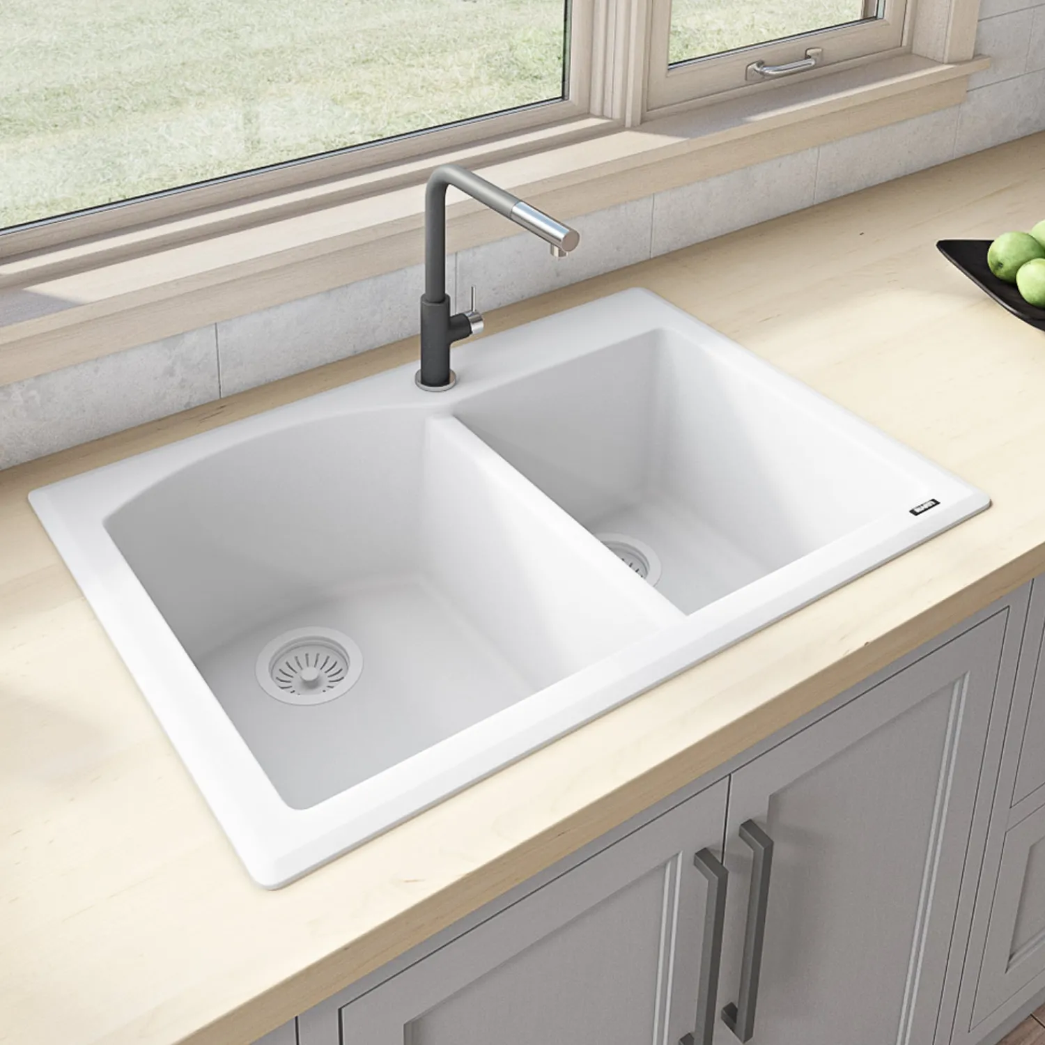 Hot 33 x 22" epiGranite Dual-Mount Double Bowl Granite Composite Kitchen Sink Drop-In / Top Mount Sinks|Double Bowl Sinks