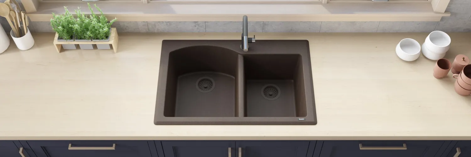 Hot 33 x 22" epiGranite Dual-Mount Double Bowl Granite Composite Kitchen Sink Drop-In / Top Mount Sinks|Double Bowl Sinks