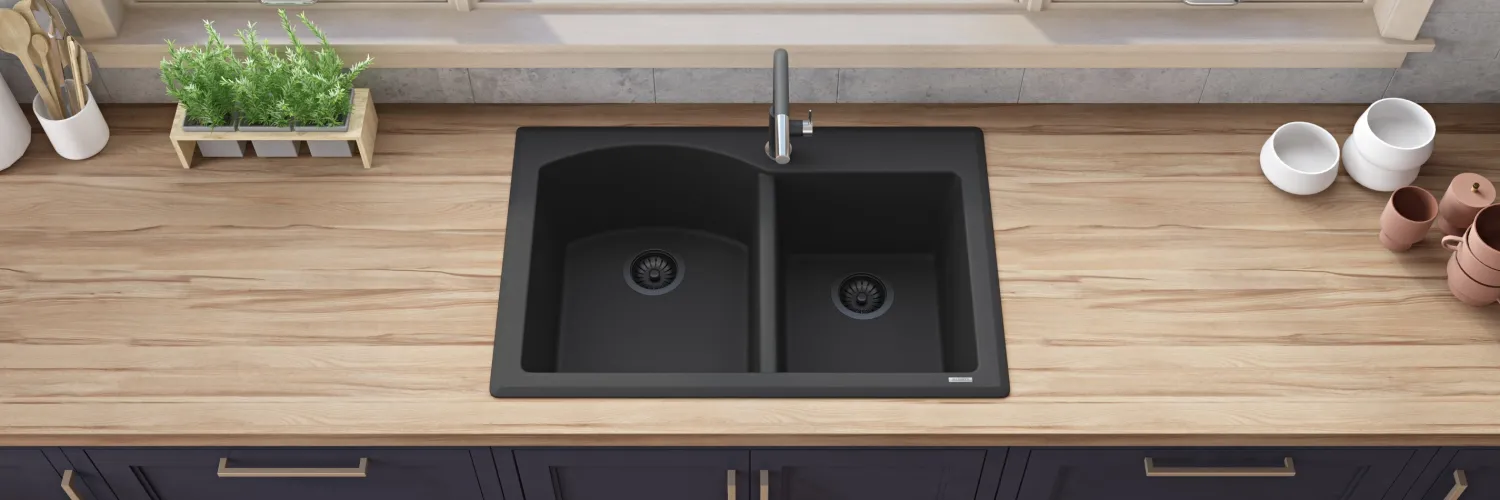 Hot 33 x 22" epiGranite Dual-Mount Double Bowl Granite Composite Kitchen Sink Drop-In / Top Mount Sinks|Double Bowl Sinks