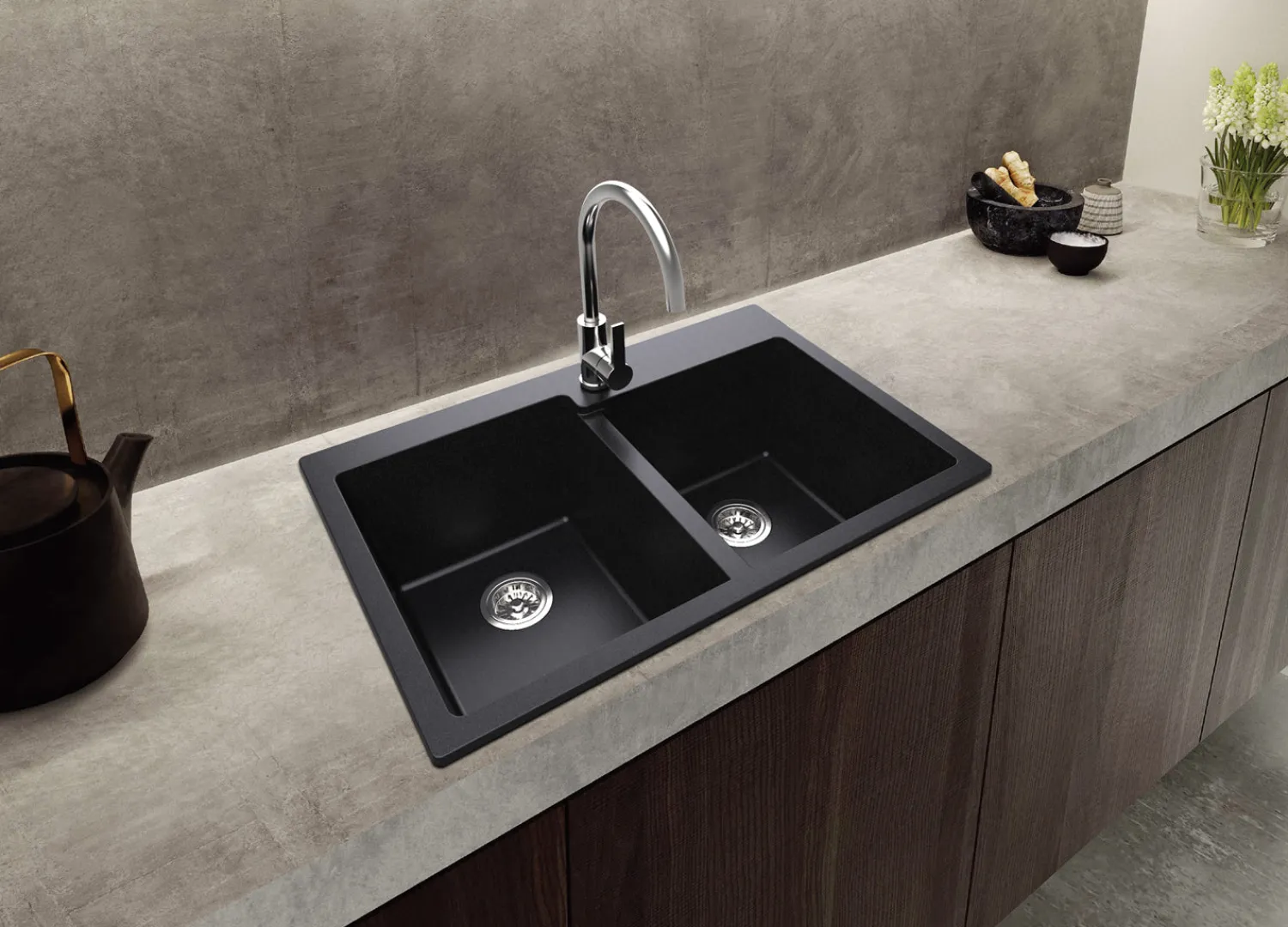 New 33 x 22" epiGranite Dual-Mount Granite Composite Double Bowl Kitchen Sink Drop-In / Top Mount Sinks|Double Bowl Sinks