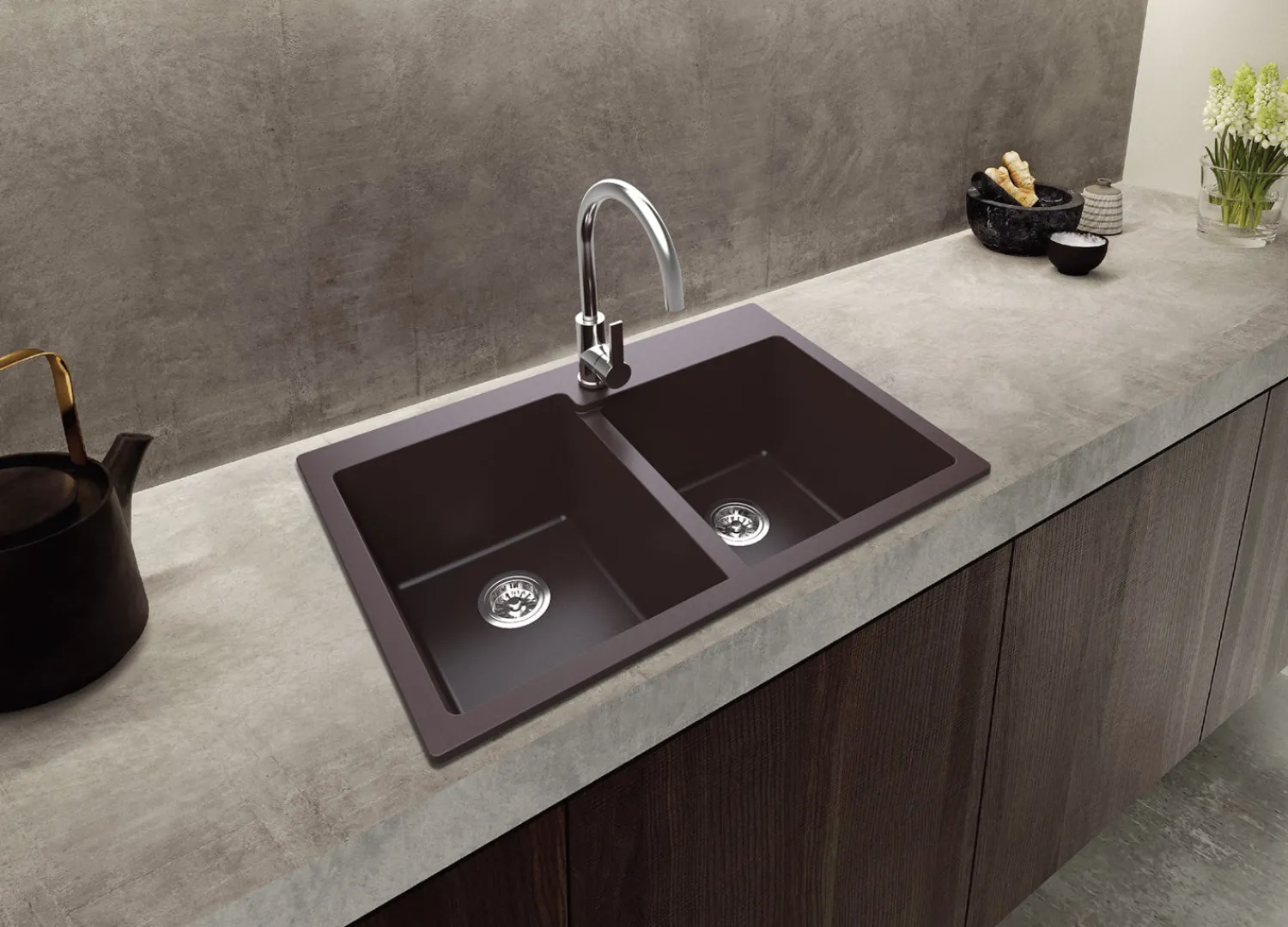 New 33 x 22" epiGranite Dual-Mount Granite Composite Double Bowl Kitchen Sink Drop-In / Top Mount Sinks|Double Bowl Sinks