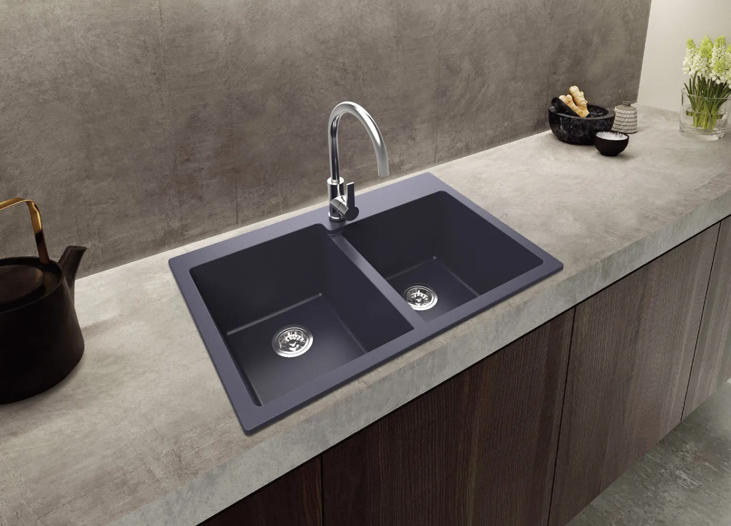 New 33 x 22" epiGranite Dual-Mount Granite Composite Double Bowl Kitchen Sink Drop-In / Top Mount Sinks|Double Bowl Sinks