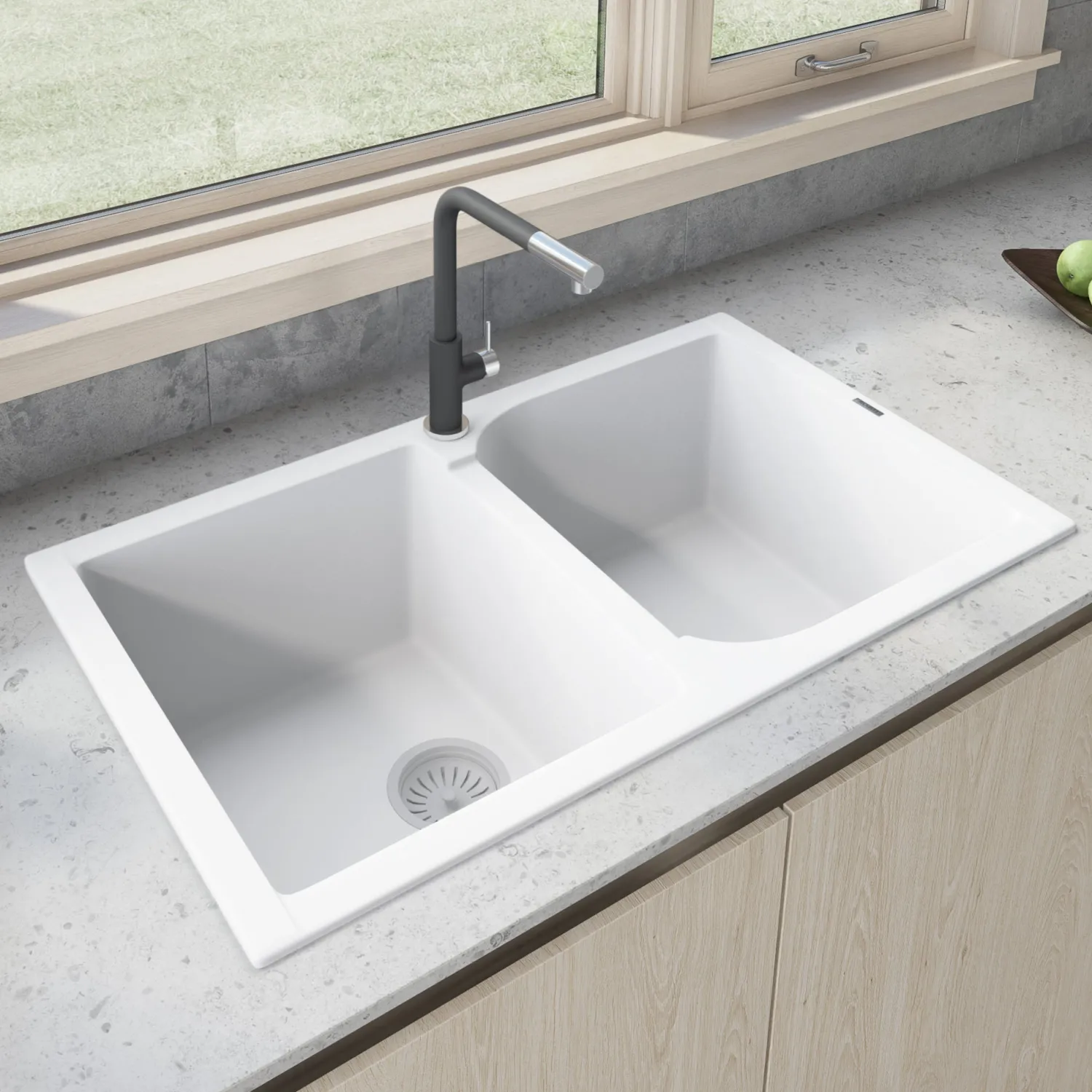 Outlet 34 x 20" epiGranite Dual-Mount Granite Composite Double Bowl Kitchen Sink Drop-In / Top Mount Sinks|Sinks For Tight Spaces