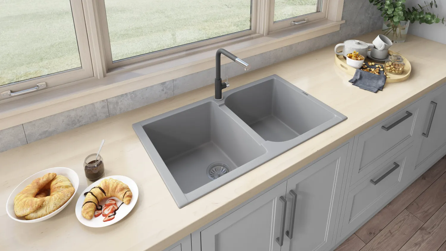 Outlet 34 x 20" epiGranite Dual-Mount Granite Composite Double Bowl Kitchen Sink Drop-In / Top Mount Sinks|Sinks For Tight Spaces