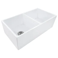 Discount 33 x 18" Fireclay Farmhouse Apron-Front Double Bowl Kitchen Sink in White Double Bowl Sinks|Apron Front / Farmhouse Sinks