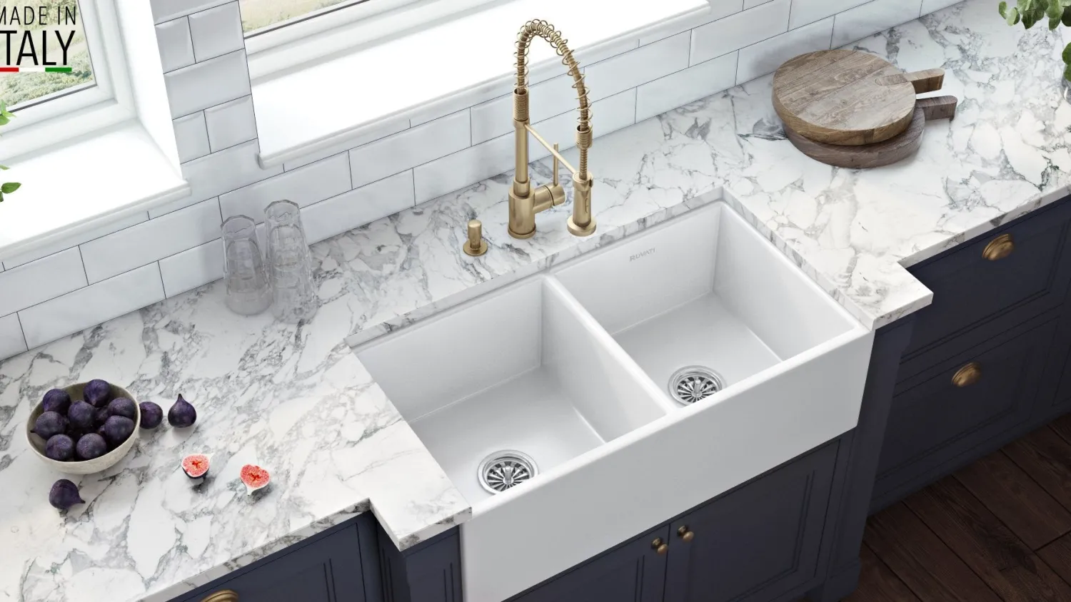 Discount 33 x 18" Fireclay Farmhouse Apron-Front Double Bowl Kitchen Sink in White Double Bowl Sinks|Apron Front / Farmhouse Sinks