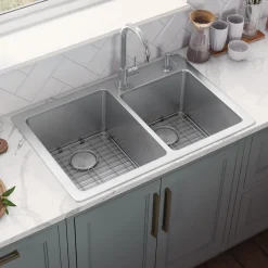 Sale 33" x 22" Topmount 60/40 Double Bowl 16 Gauge Stainless Steel Kitchen Sink Drop-In / Top Mount Sinks|Stainless Steel Sinks