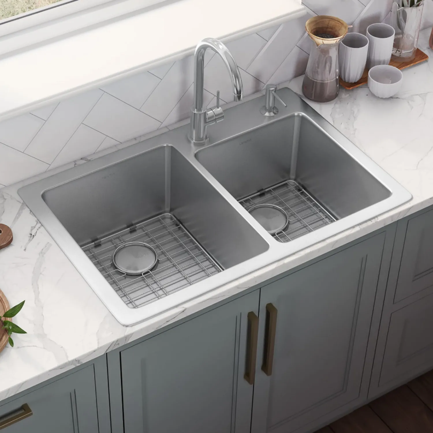 Sale 33" x 22" Topmount 60/40 Double Bowl 16 Gauge Stainless Steel Kitchen Sink Drop-In / Top Mount Sinks|Stainless Steel Sinks