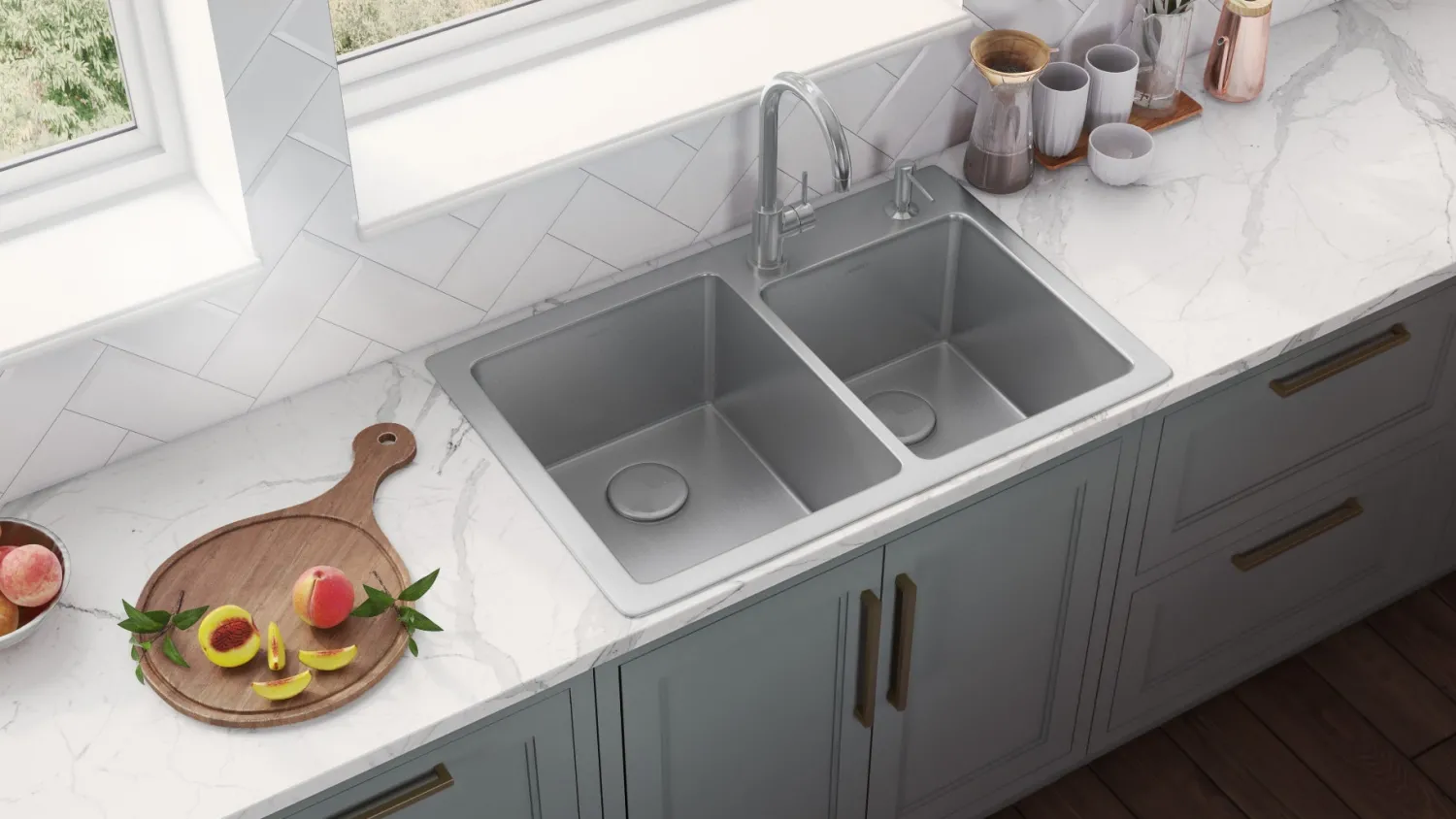 Sale 33" x 22" Topmount 60/40 Double Bowl 16 Gauge Stainless Steel Kitchen Sink Drop-In / Top Mount Sinks|Stainless Steel Sinks